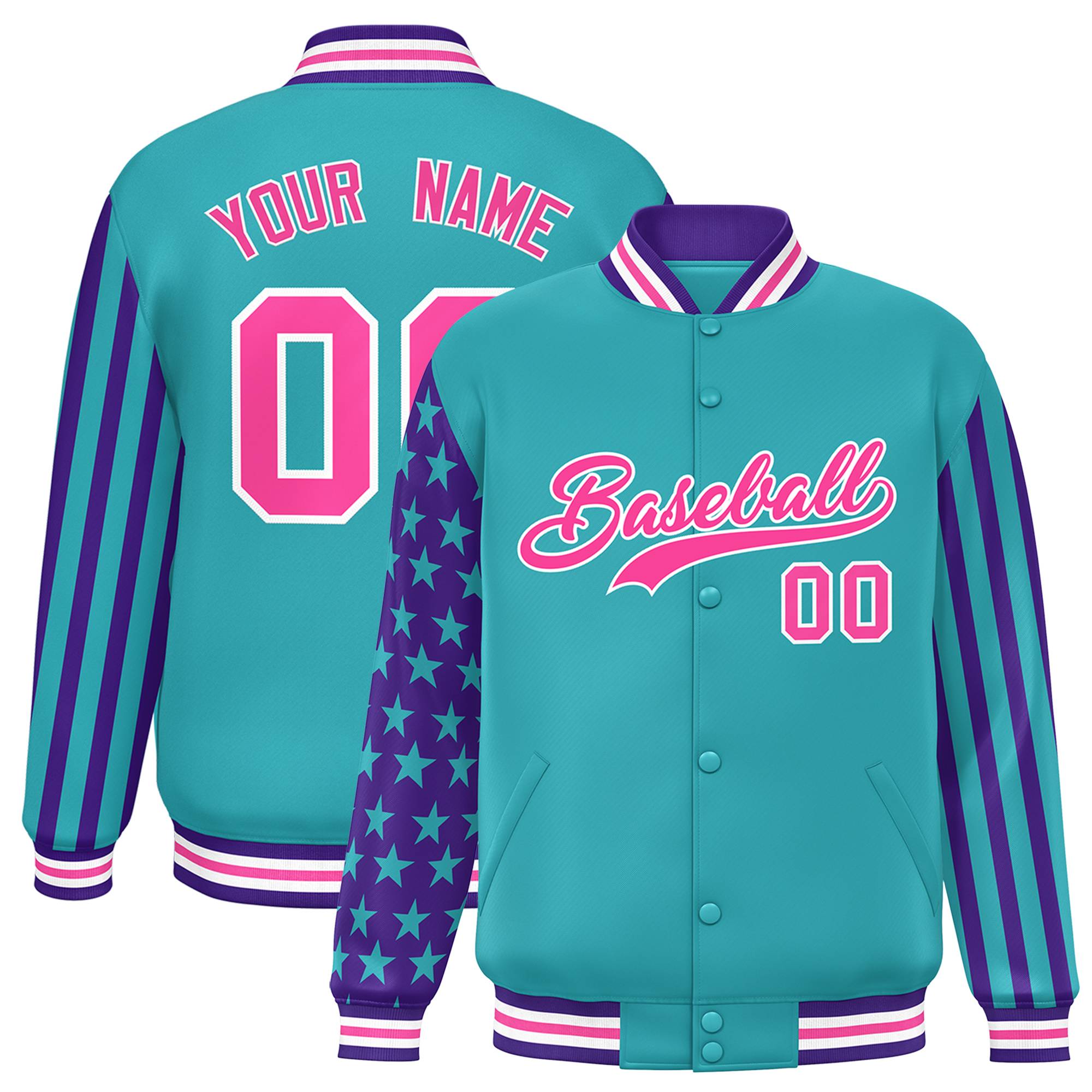 Custom Aqua Purple American Flag Varsity Full-Snap Authentic Raglan Sleeves Letterman Bomber Jacket