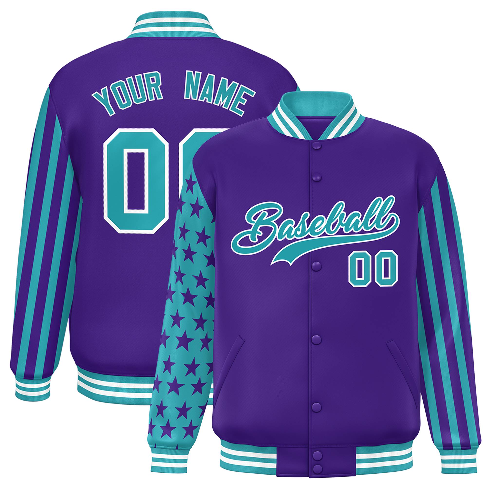 Custom Purple Aqua American Flag Varsity Full-Snap Authentic Raglan Sleeves Letterman Bomber Jacket