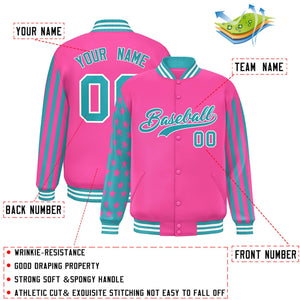 Custom Pink Aqua American Flag Varsity Full-Snap Authentic Raglan Sleeves Letterman Bomber Jacket