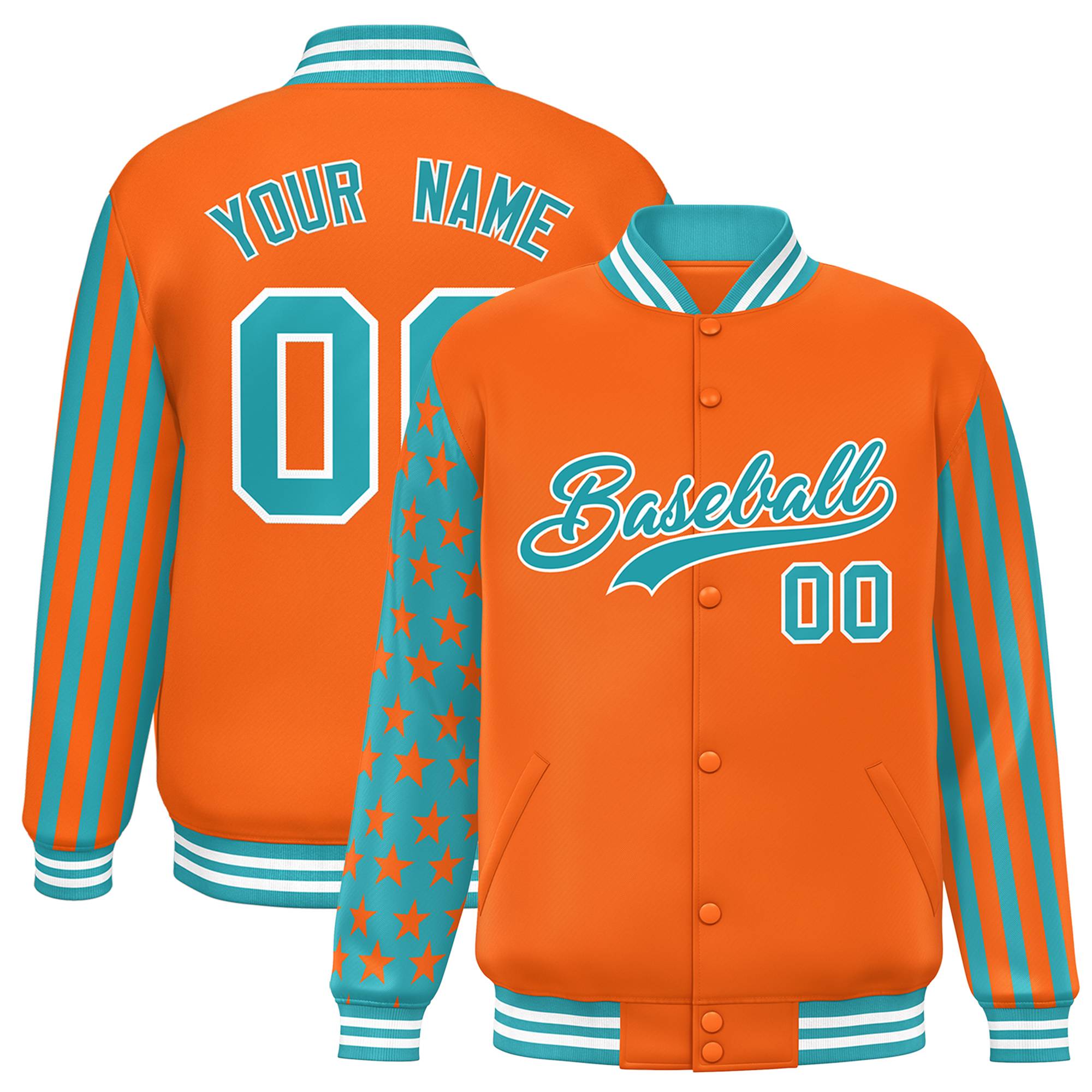 Custom Orange Aqua American Flag Varsity Full-Snap Authentic Raglan Sleeves Letterman Bomber Jacket