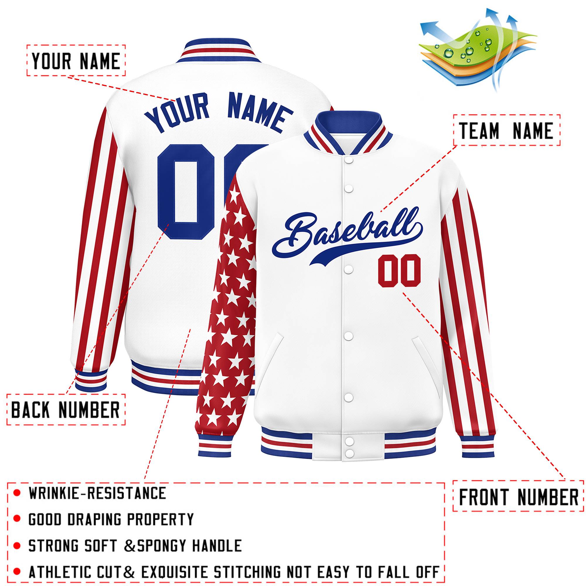 Custom White Red American Flag Varsity Full-Snap Authentic Raglan Sleeves Letterman Bomber Jacket