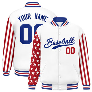 Custom White Red American Flag Varsity Full-Snap Authentic Raglan Sleeves Letterman Bomber Jacket