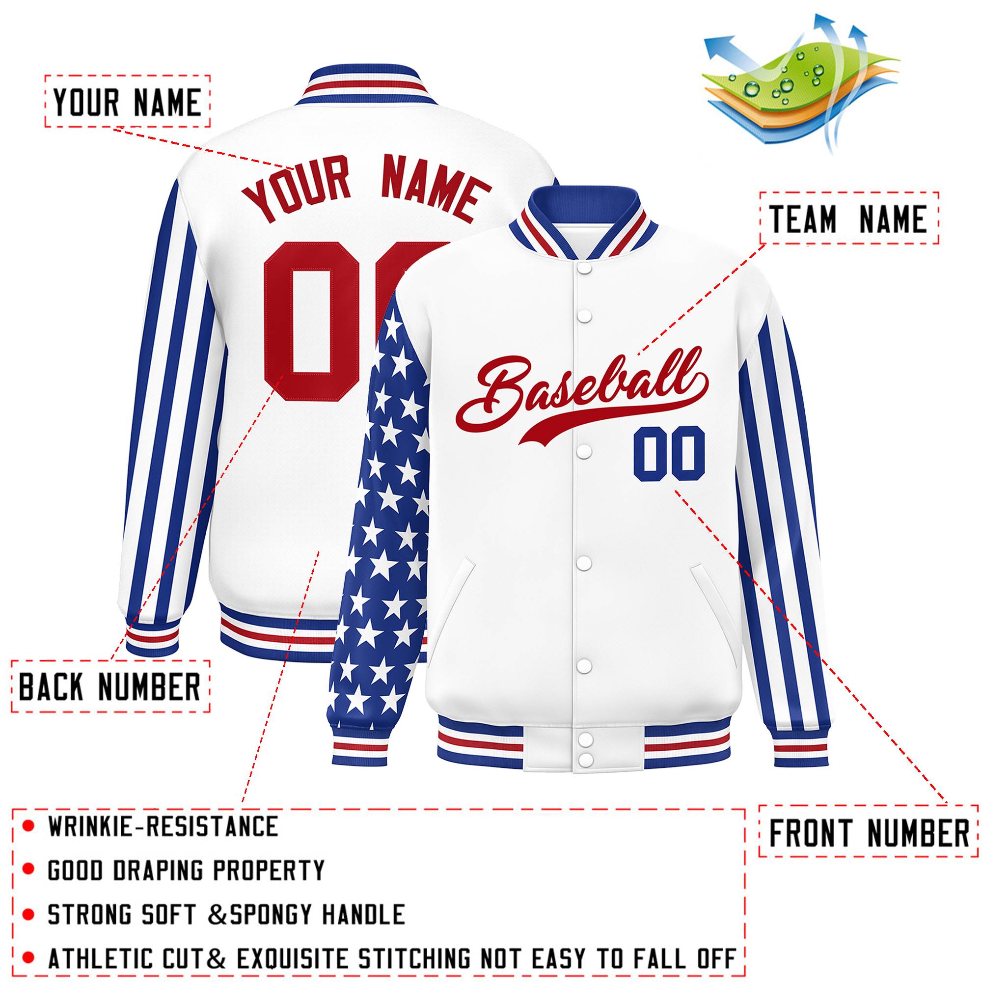 Custom White Royal American Flag Varsity Full-Snap Authentic Raglan Sleeves Letterman Bomber Jacket