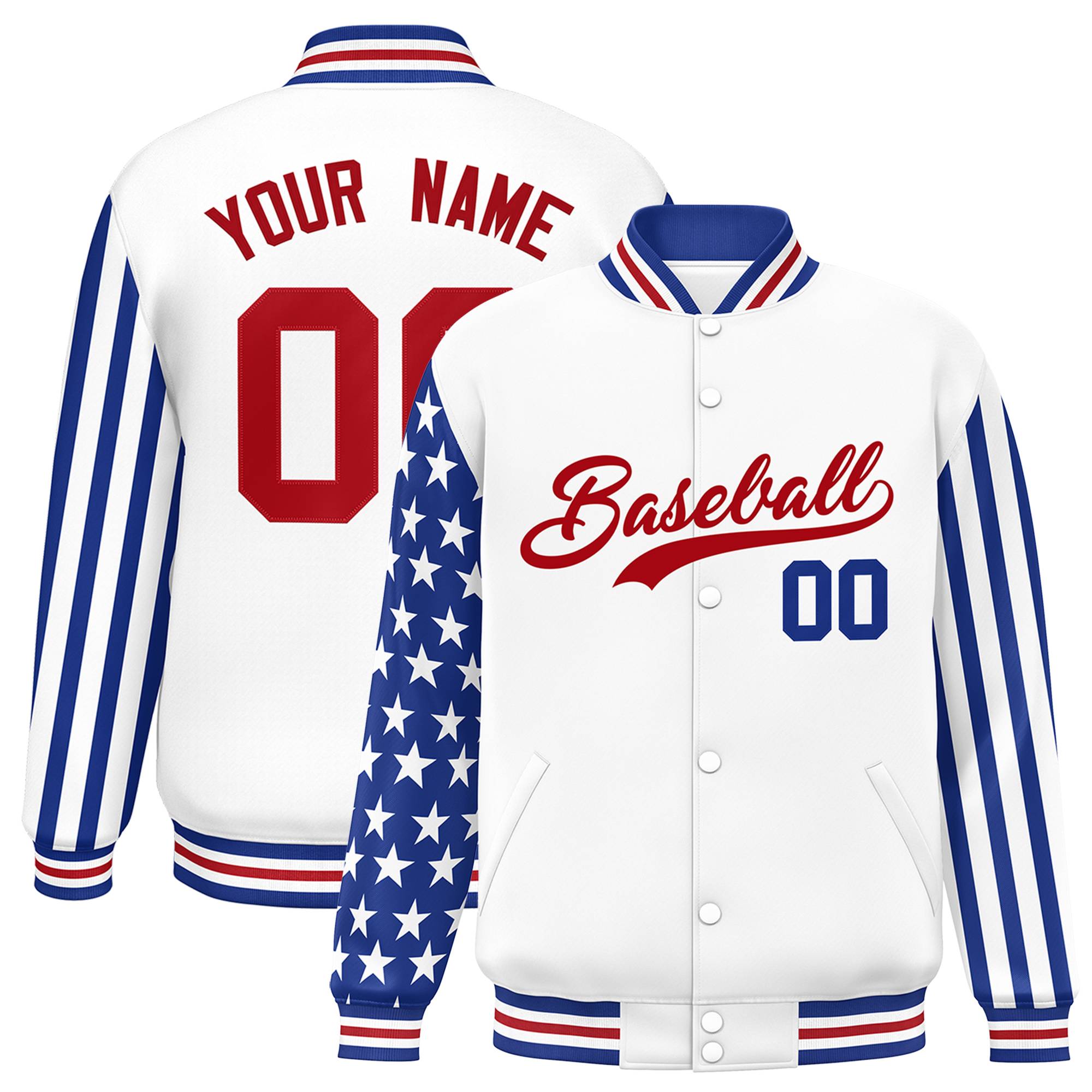 Custom White Royal American Flag Varsity Full-Snap Authentic Raglan Sleeves Letterman Bomber Jacket