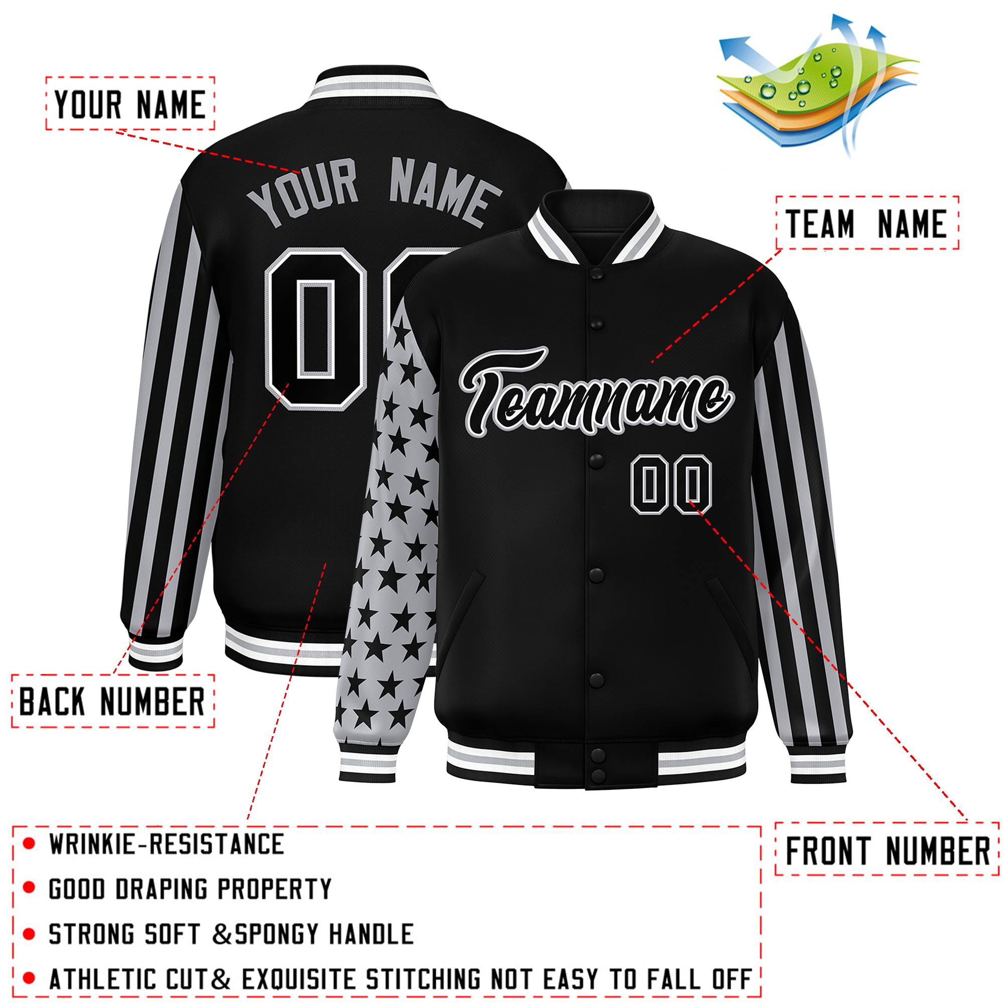 Custom Black American Flag Varsity Full-Snap Authentic Raglan Sleeves Letterman Bomber Jacket