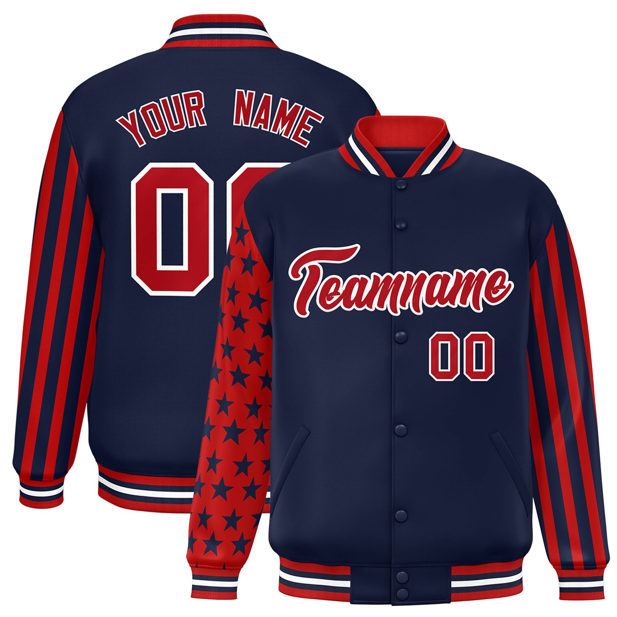 Custom Navy American Flag Varsity Full-Snap Authentic Raglan Sleeves Letterman Bomber Jacket