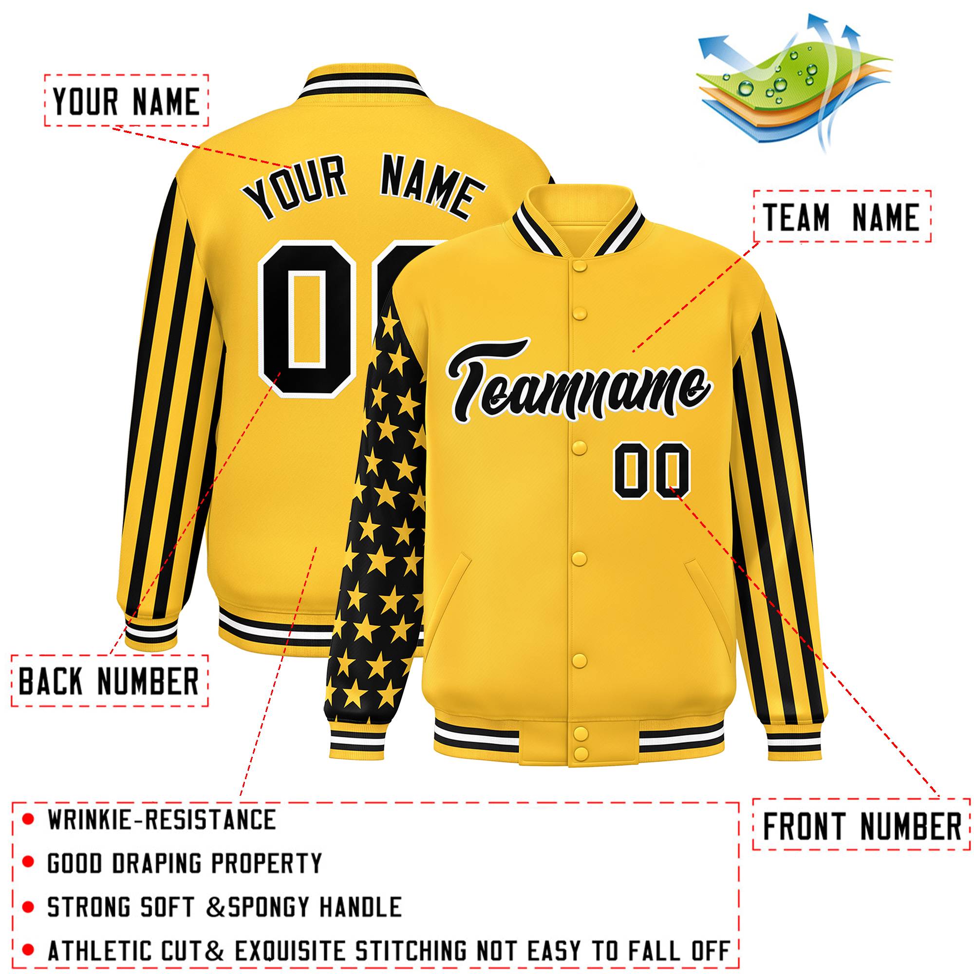 Custom Gold American Flag Varsity Full-Snap Authentic Raglan Sleeves Letterman Bomber Jacket