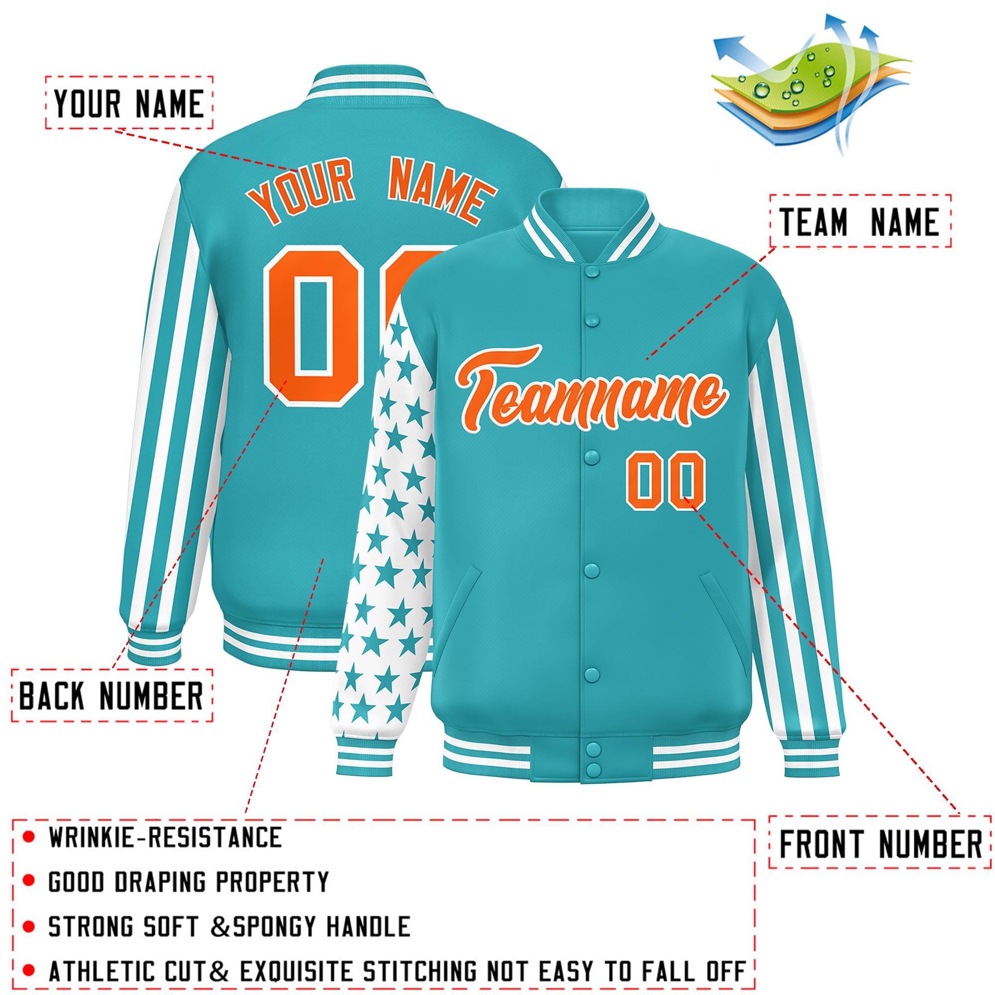 Custom Aqua American Flag Varsity Full-Snap Authentic Raglan Sleeves Letterman Bomber Jacket