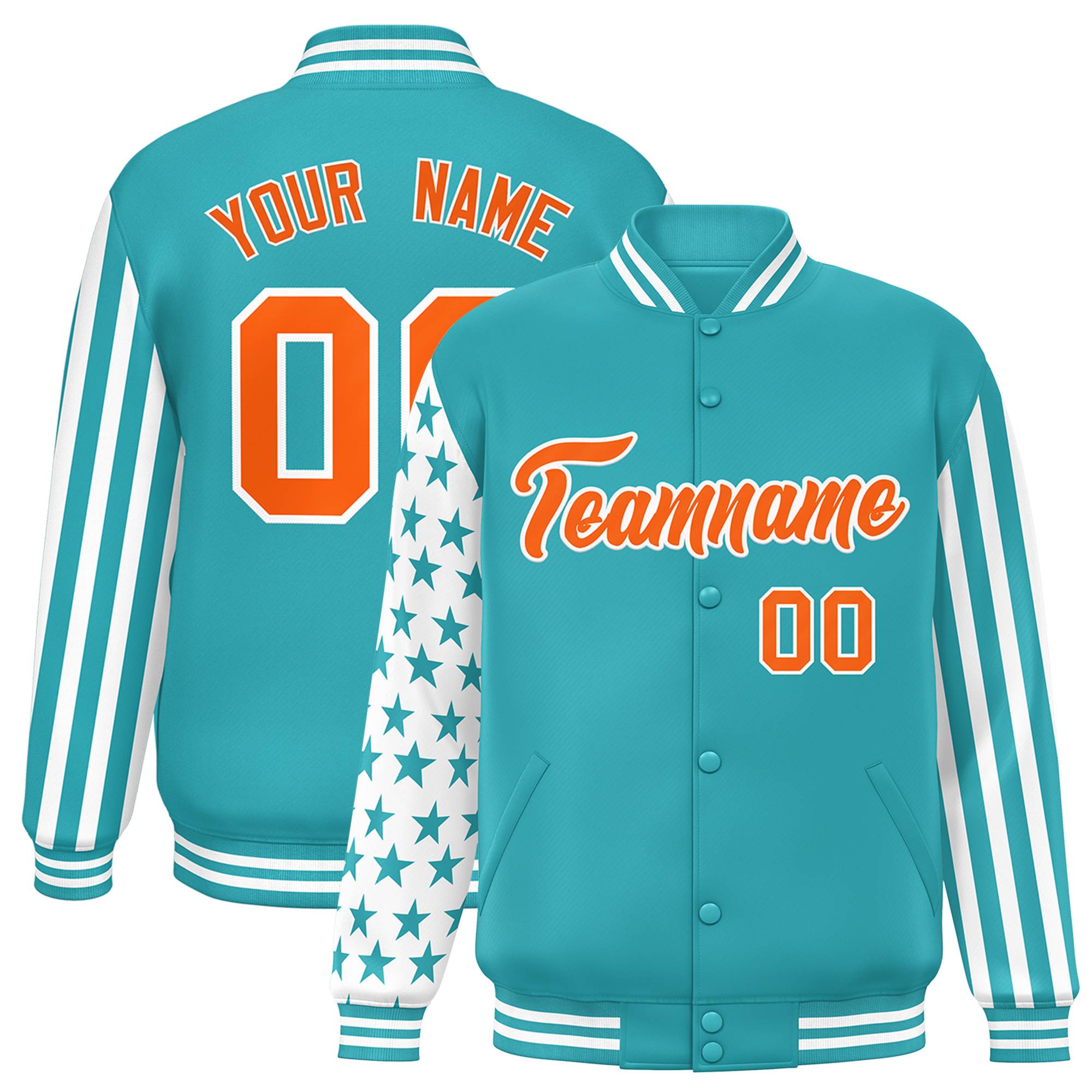 Custom Aqua American Flag Varsity Full-Snap Authentic Raglan Sleeves Letterman Bomber Jacket