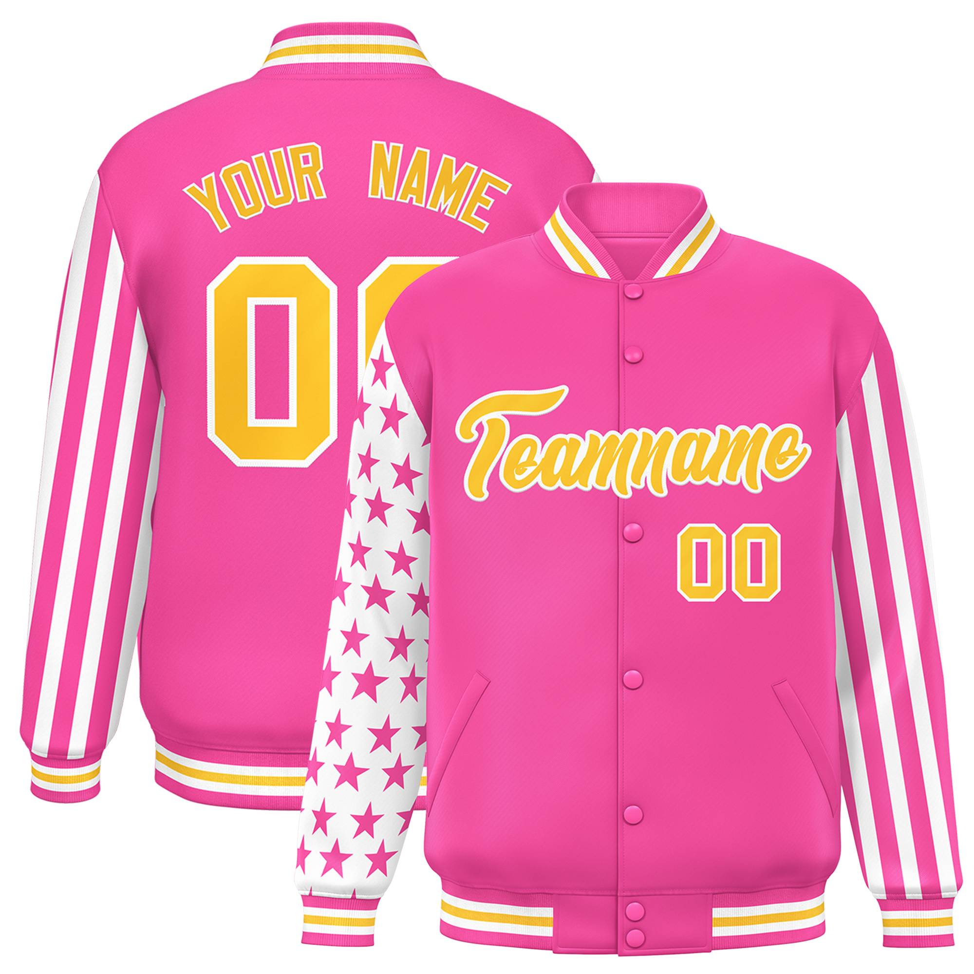 Custom Pink American Flag Varsity Full-Snap Authentic Raglan Sleeves Letterman Bomber Jacket