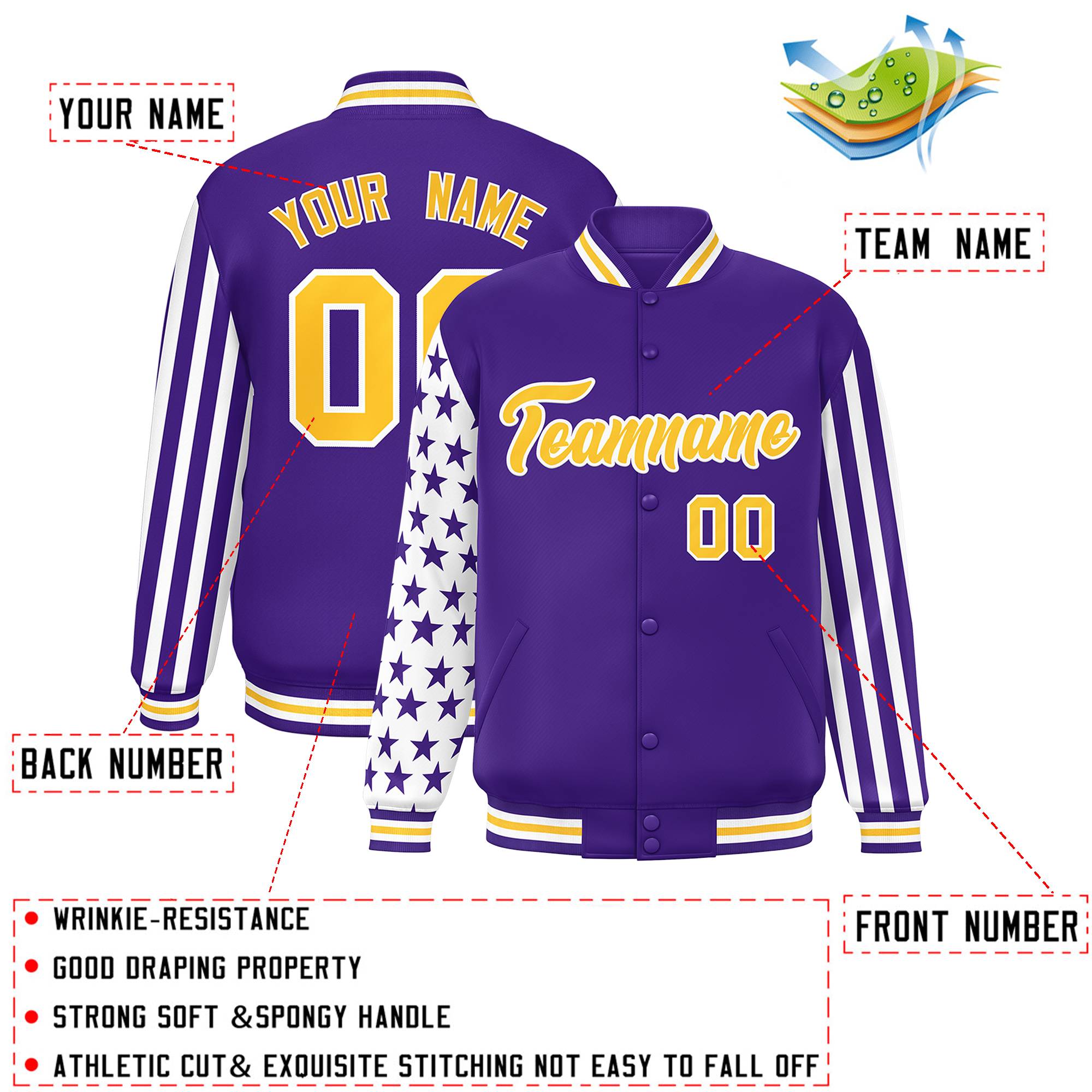 Custom Purple American Flag Varsity Full-Snap Authentic Raglan Sleeves Letterman Bomber Jacket