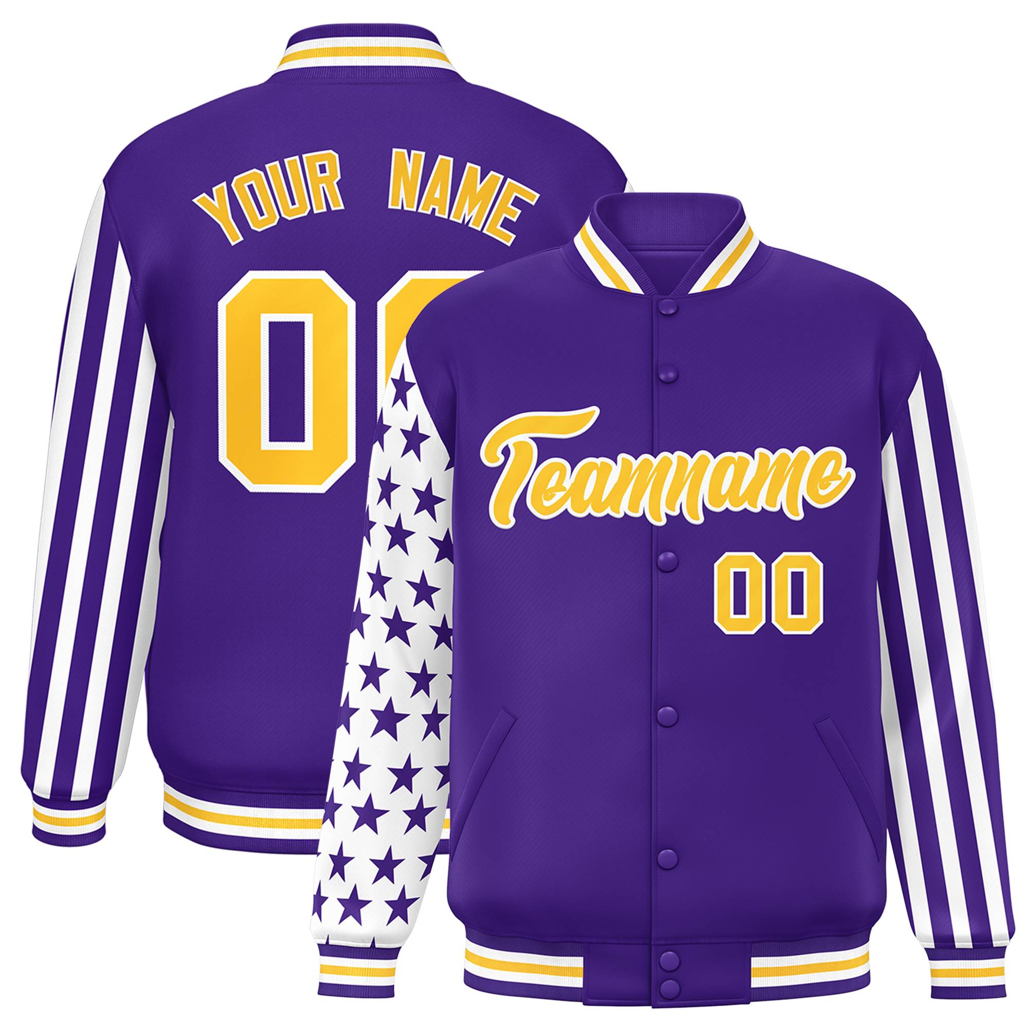 Custom Purple American Flag Varsity Full-Snap Authentic Raglan Sleeves Letterman Bomber Jacket