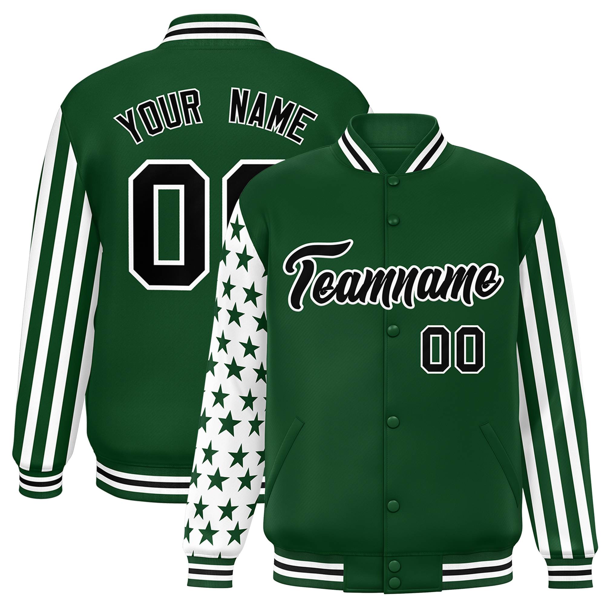 Custom Green American Flag Varsity Full-Snap Authentic Raglan Sleeves Letterman Bomber Jacket