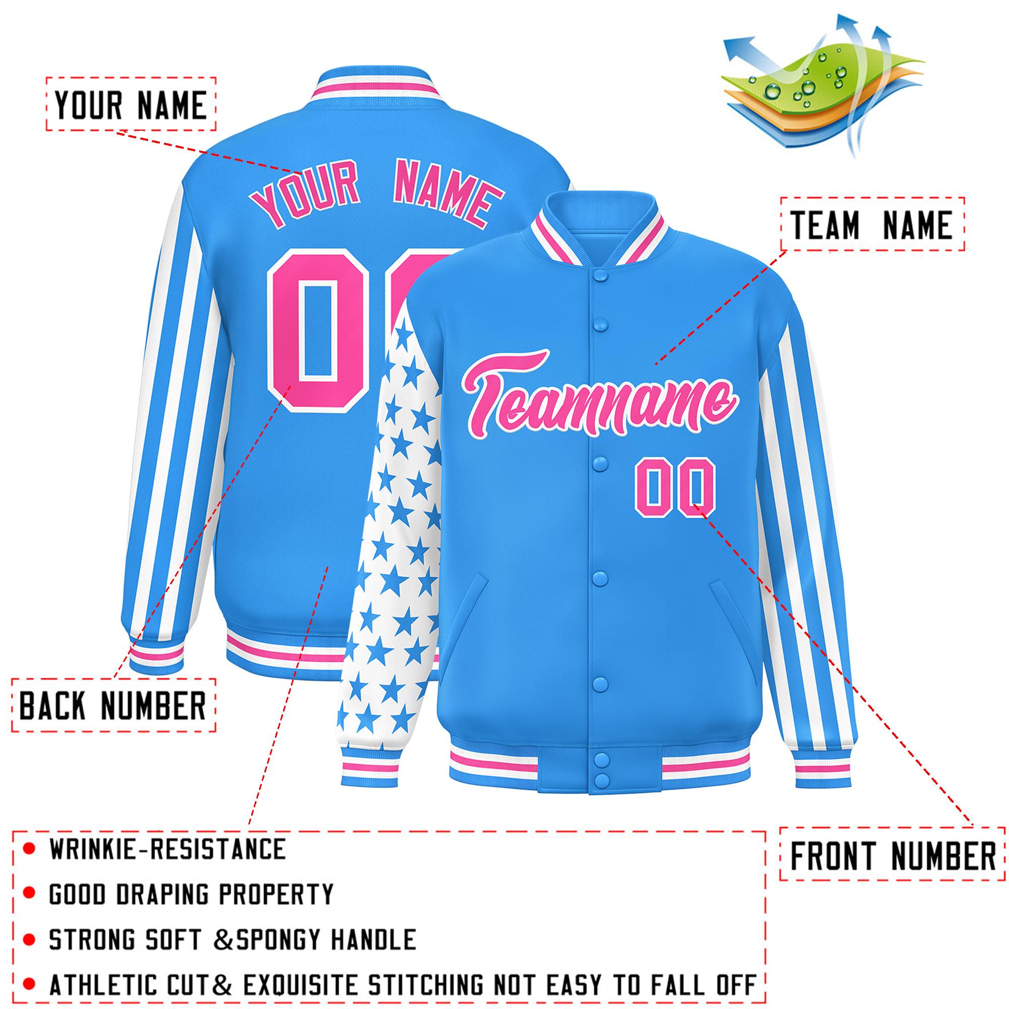 Custom Powder Blue American Flag Varsity Full-Snap Authentic Raglan Sleeves Letterman Bomber Jacket