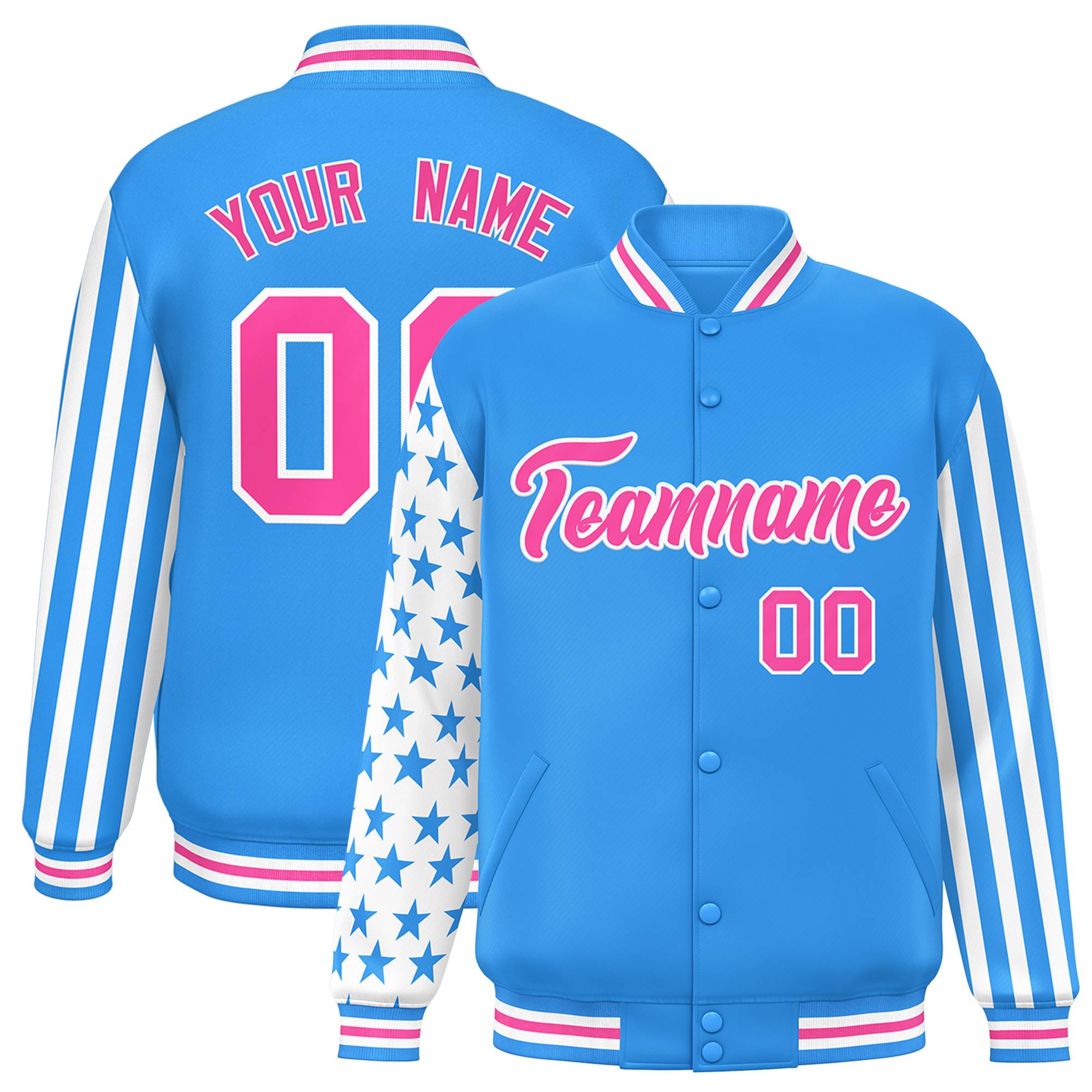 Custom Powder Blue American Flag Varsity Full-Snap Authentic Raglan Sleeves Letterman Bomber Jacket