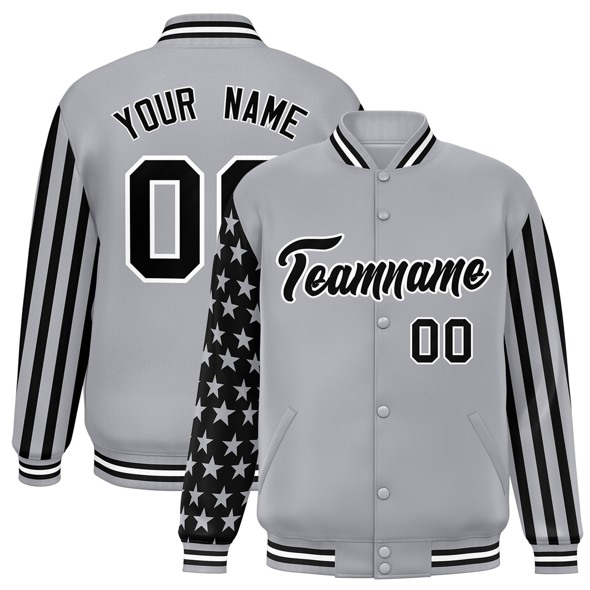 Custom Gray American Flag Varsity Full-Snap Authentic Raglan Sleeves Letterman Bomber Jacket