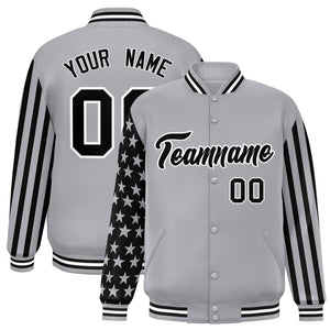 Custom Gray American Flag Varsity Full-Snap Authentic Raglan Sleeves Letterman Bomber Jacket