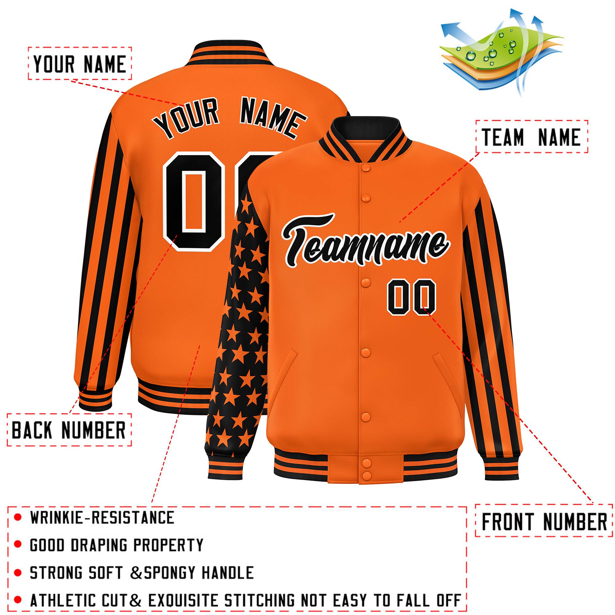 Custom Orange American Flag Varsity Full-Snap Authentic Raglan Sleeves Letterman Bomber Jacket