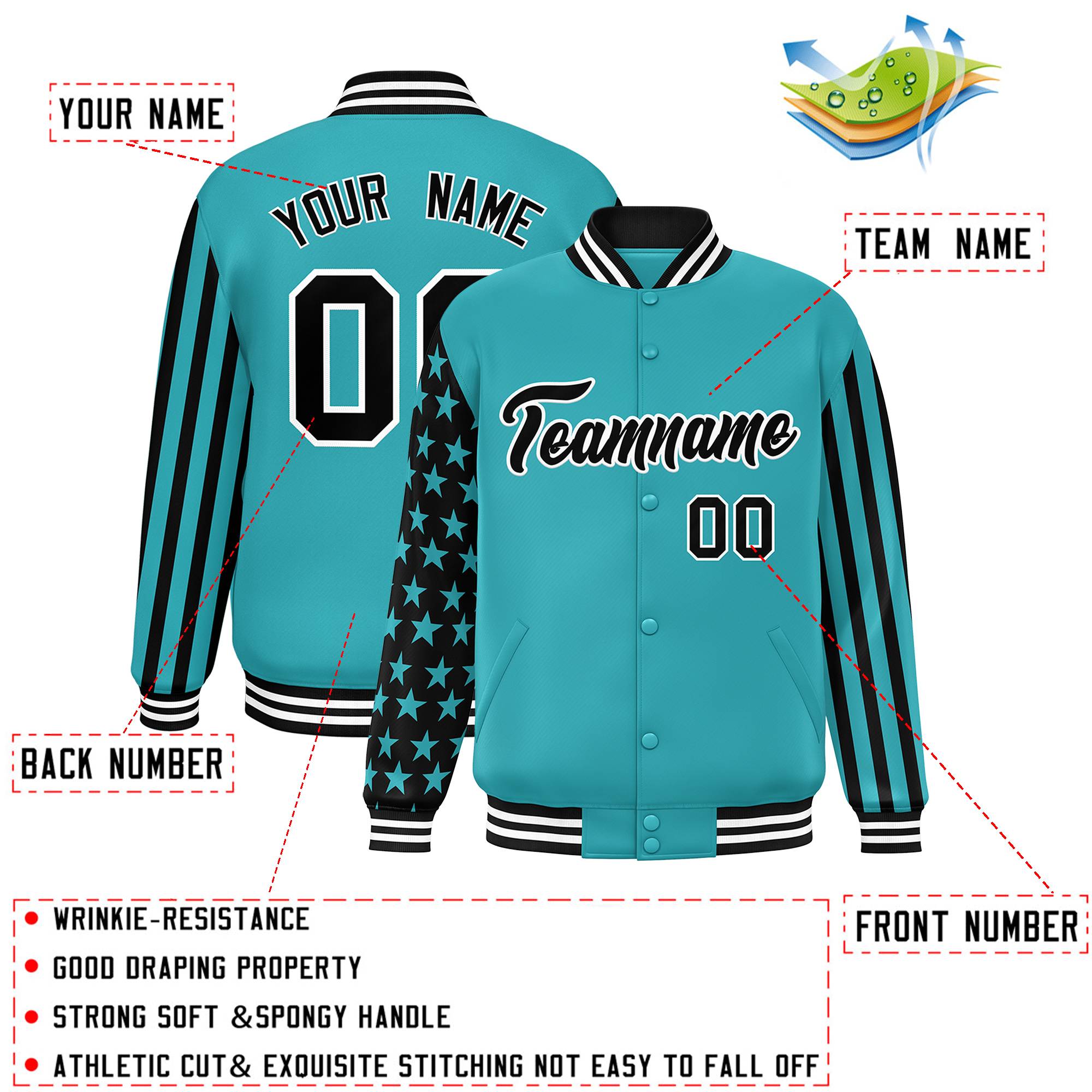 Custom Aqua American Flag Varsity Full-Snap Authentic Raglan Sleeves Letterman Bomber Jacket