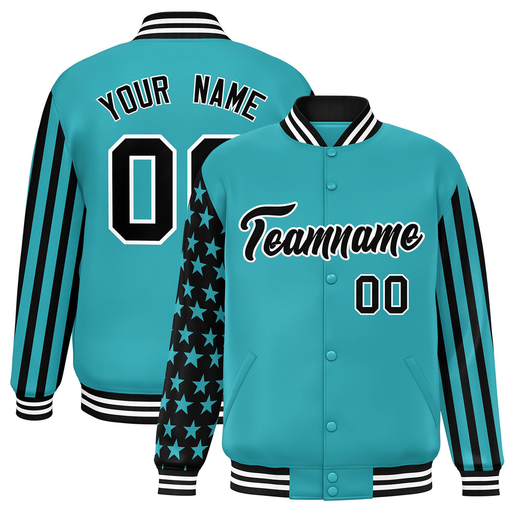 Custom Aqua American Flag Varsity Full-Snap Authentic Raglan Sleeves Letterman Bomber Jacket