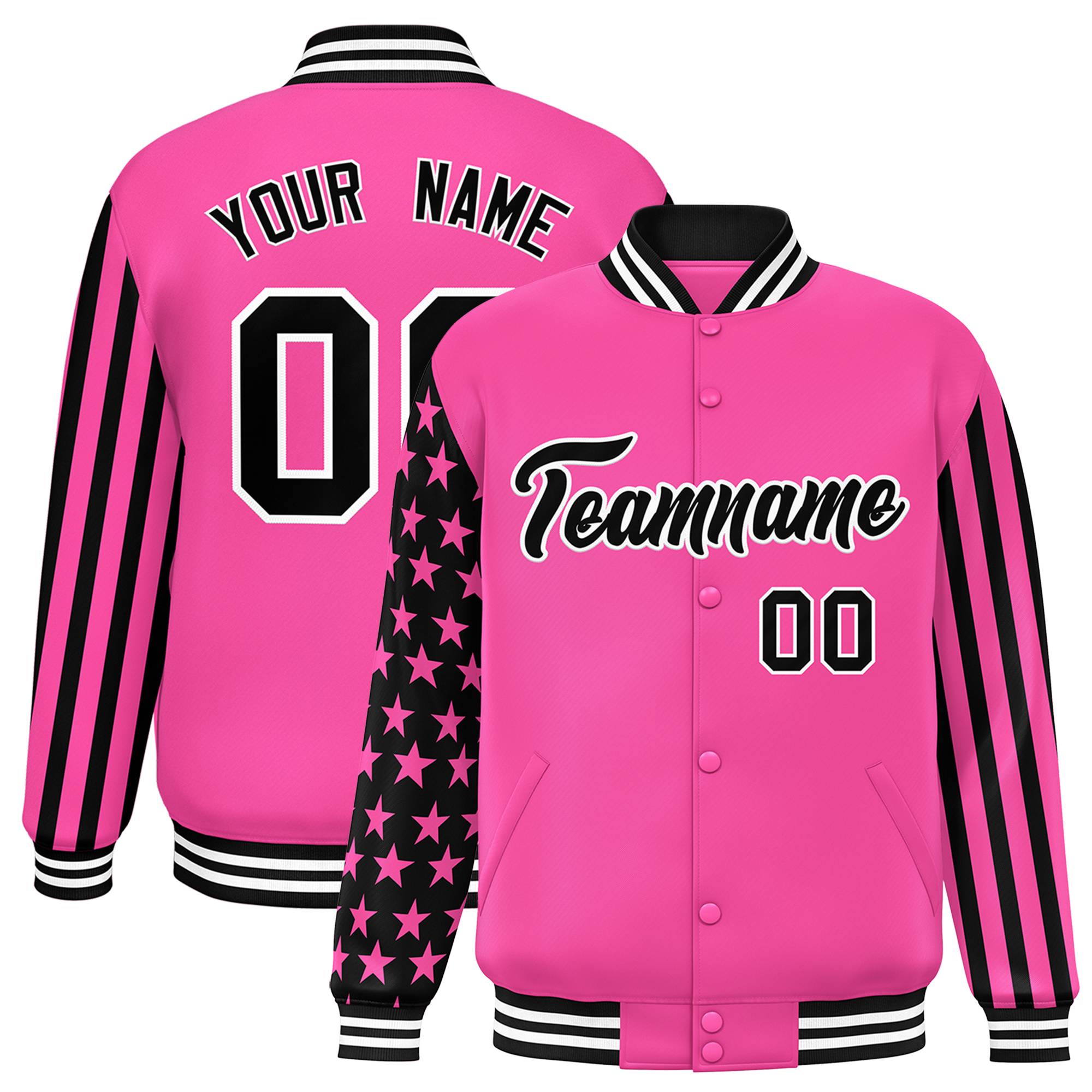 Custom Pink American Flag Varsity Full-Snap Authentic Raglan Sleeves Letterman Bomber Jacket