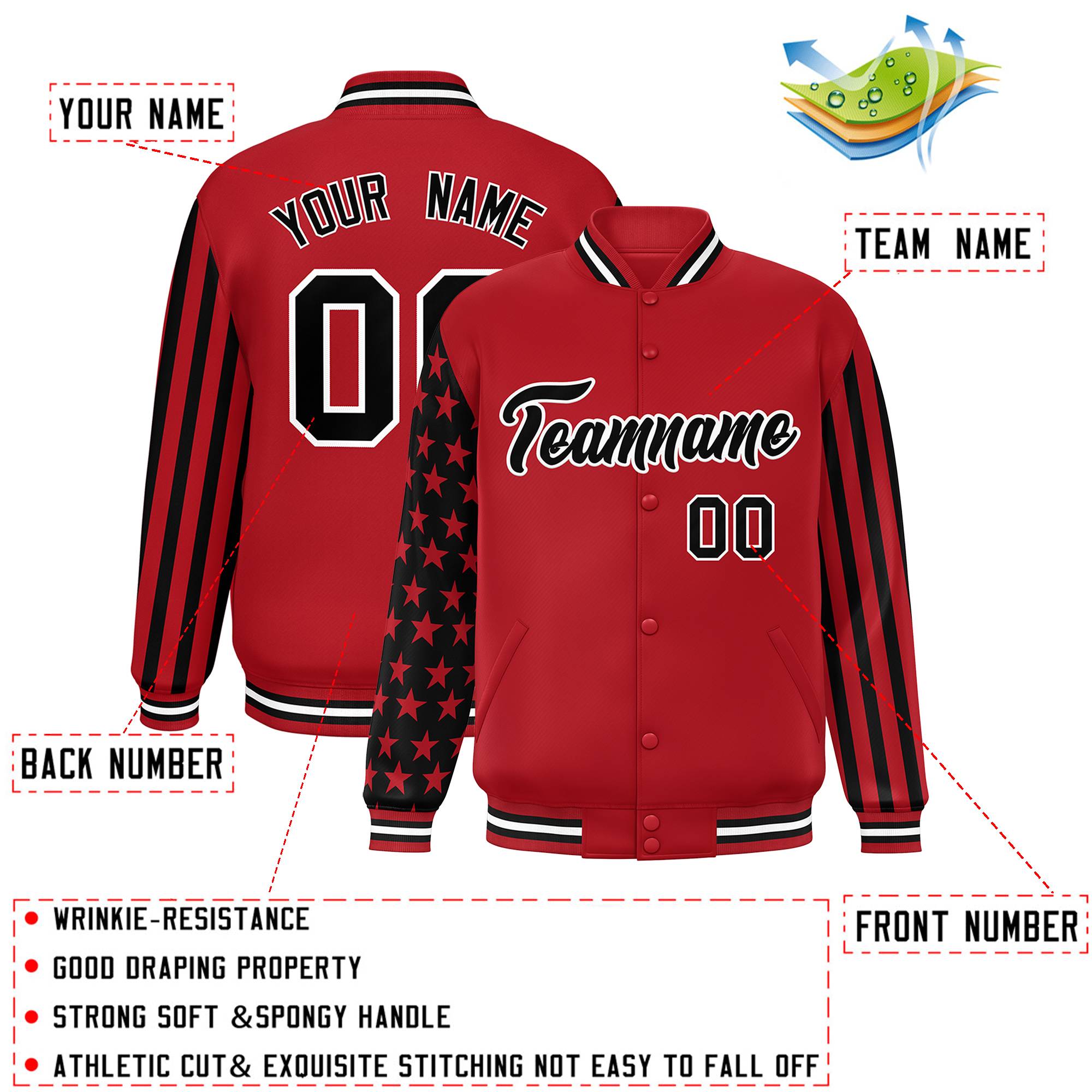 Custom Red American Flag Varsity Full-Snap Authentic Raglan Sleeves Letterman Bomber Jacket