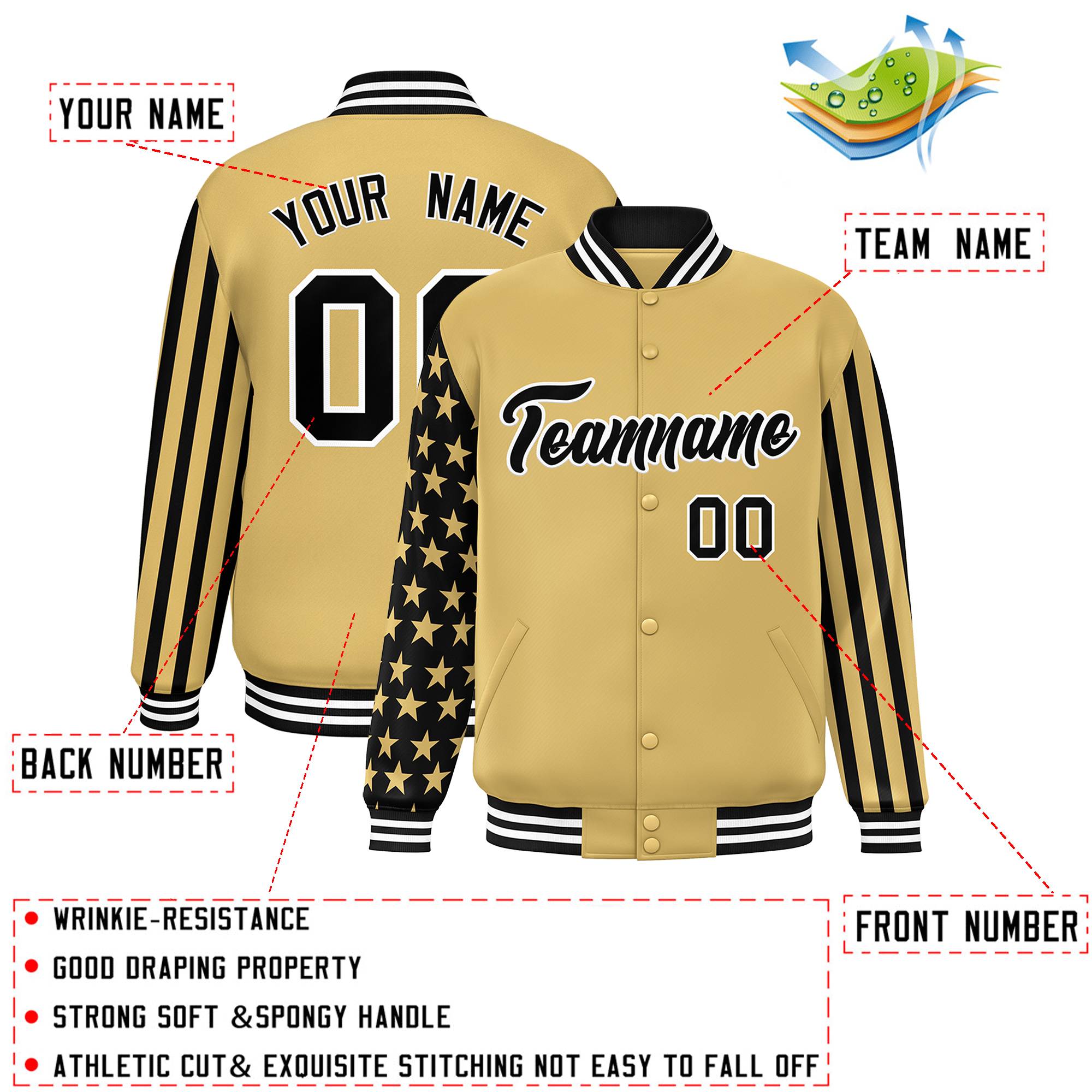 Custom Khaki American Flag Varsity Full-Snap Authentic Raglan Sleeves Letterman Bomber Jacket