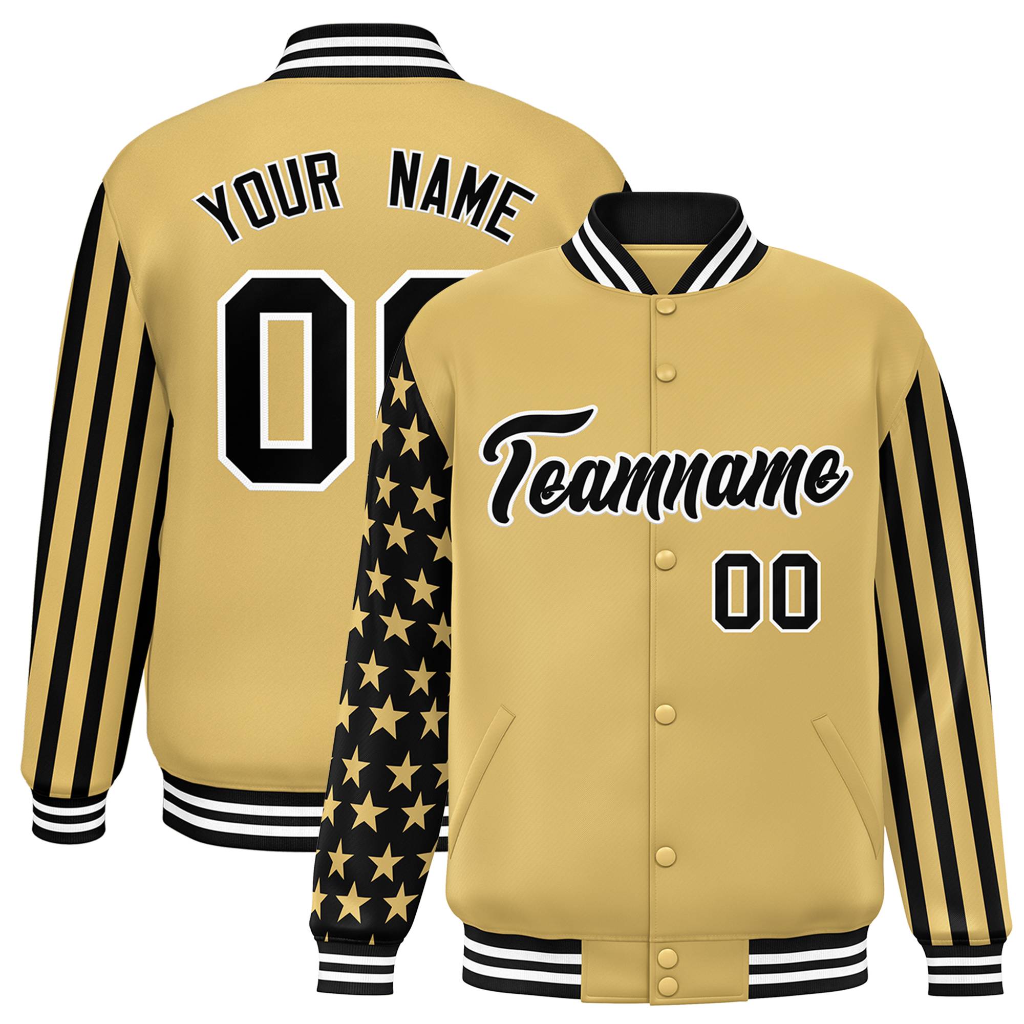 Custom Khaki American Flag Varsity Full-Snap Authentic Raglan Sleeves Letterman Bomber Jacket