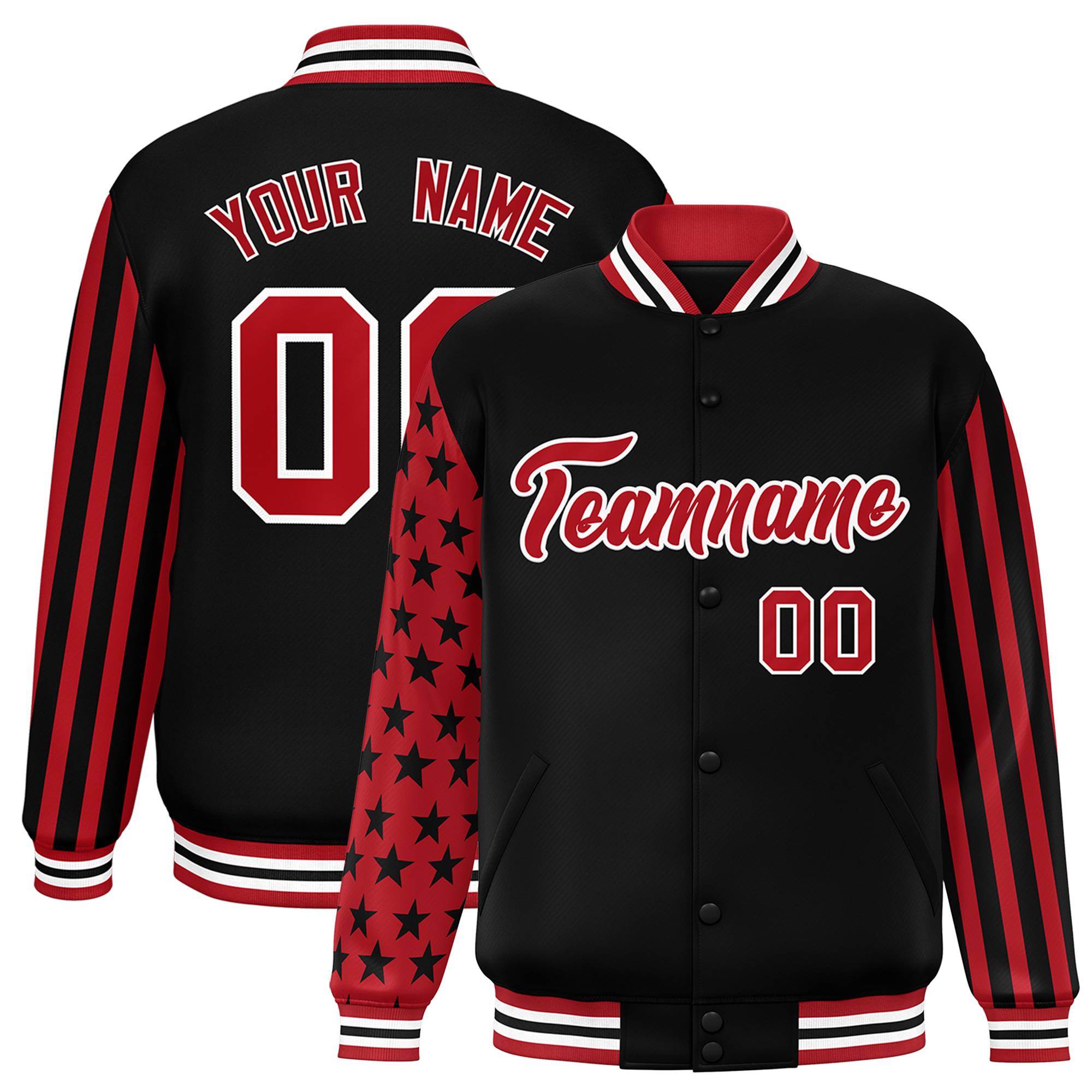 Custom Black American Flag Varsity Full-Snap Authentic Raglan Sleeves Letterman Bomber Jacket