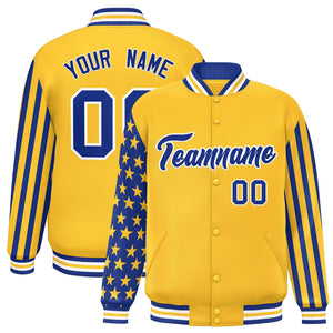 Custom Gold American Flag Varsity Full-Snap Authentic Raglan Sleeves Letterman Bomber Jacket