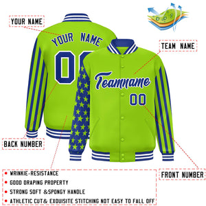 Custom Neon Green American Flag Varsity Full-Snap Authentic Raglan Sleeves Letterman Bomber Jacket