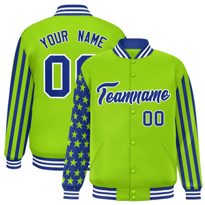 Custom Neon Green American Flag Varsity Full-Snap Authentic Raglan Sleeves Letterman Bomber Jacket