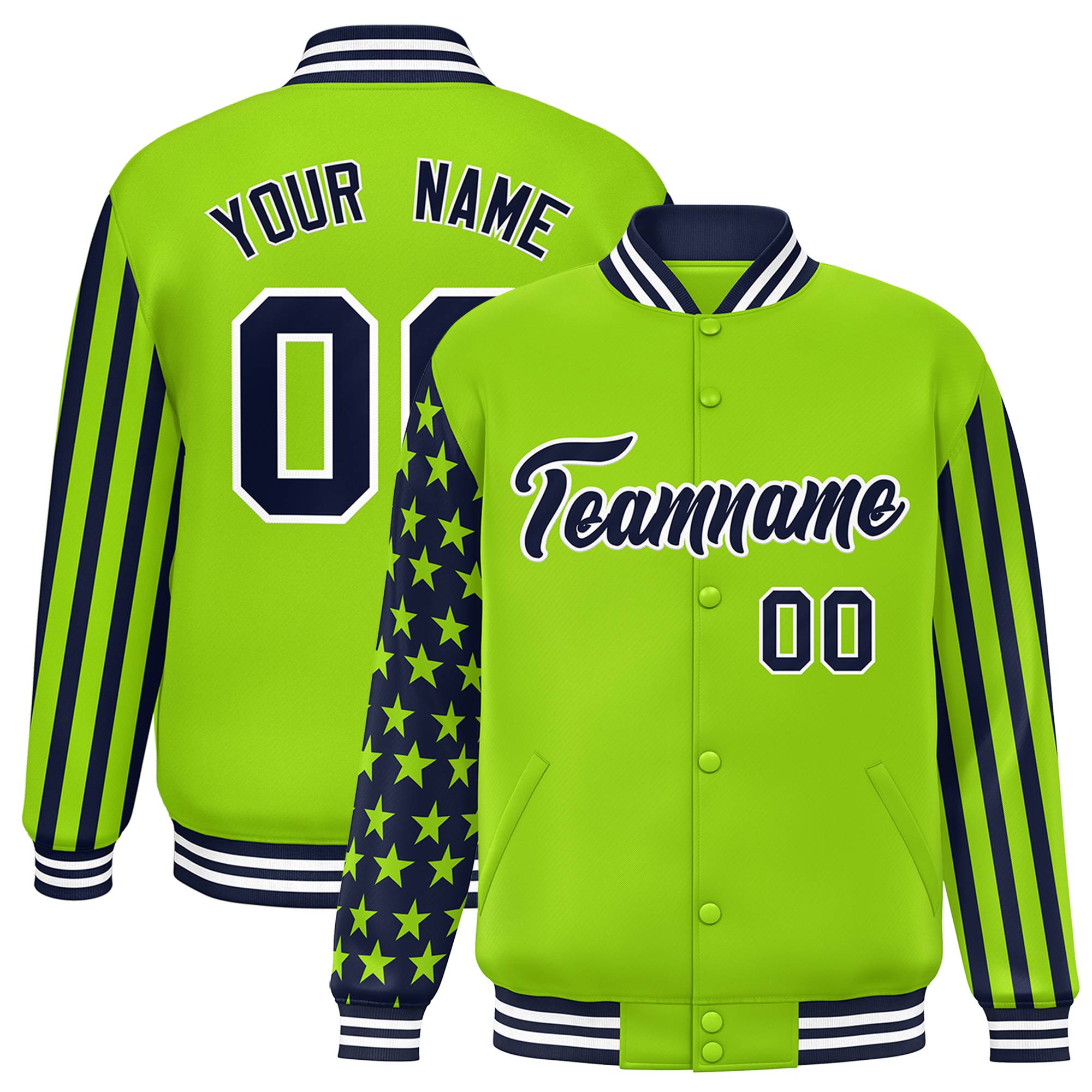 Custom Neon Green American Flag Varsity Full-Snap Authentic Raglan Sleeves Letterman Bomber Jacket