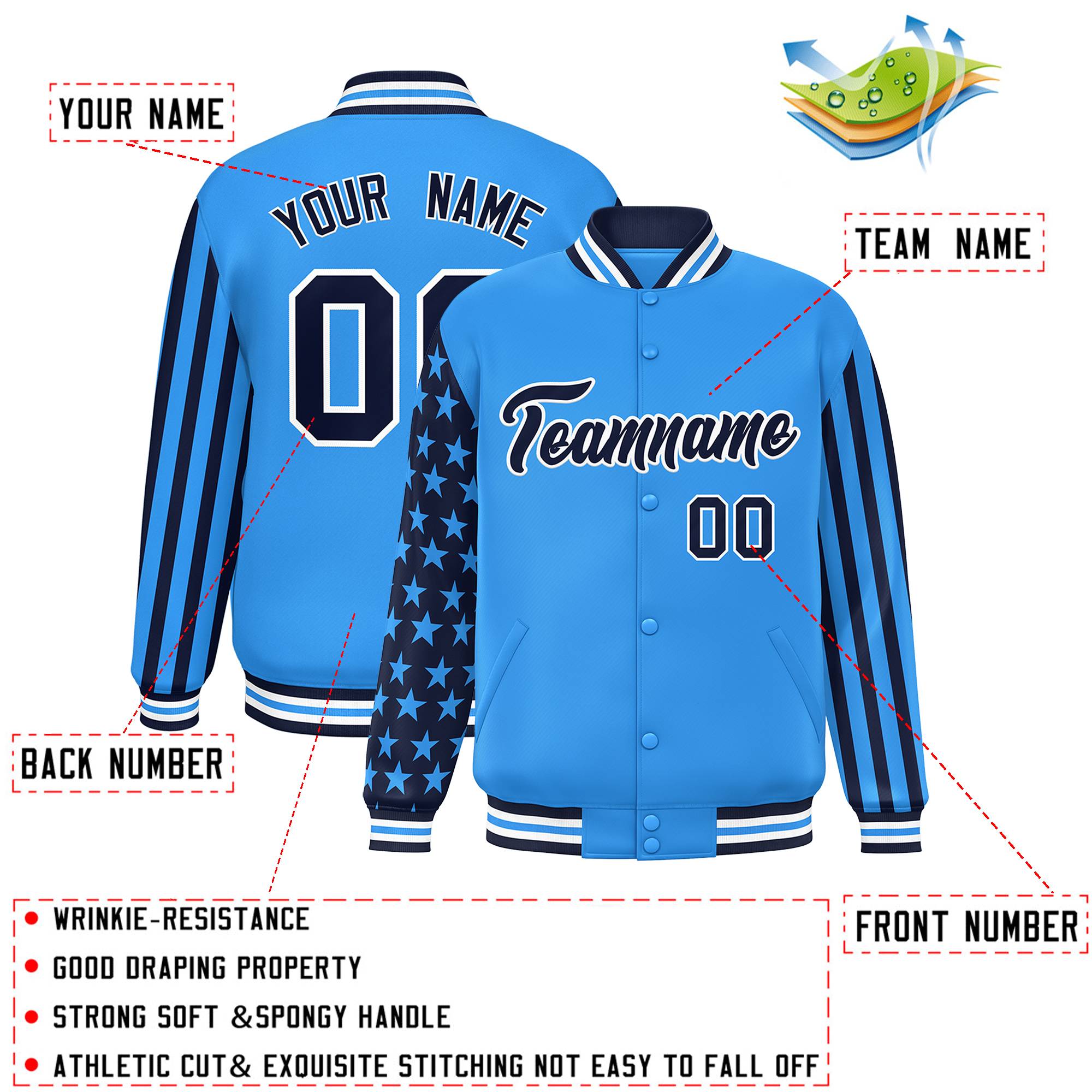 Custom Powder Blue American Flag Varsity Full-Snap Authentic Raglan Sleeves Letterman Bomber Jacket