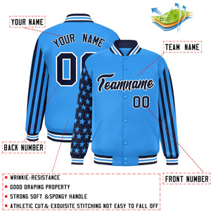 Custom Powder Blue American Flag Varsity Full-Snap Authentic Raglan Sleeves Letterman Bomber Jacket