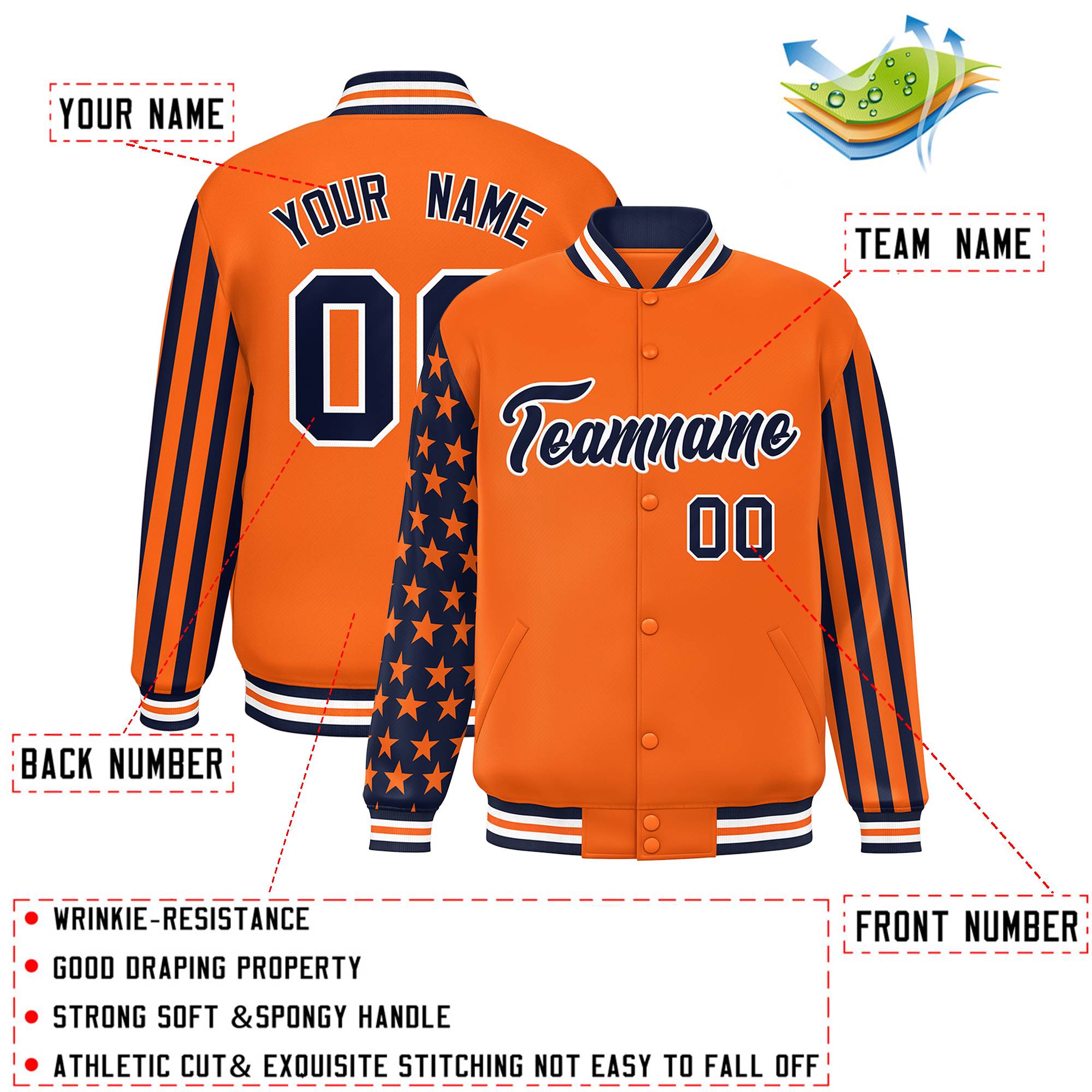 Custom Orange American Flag Varsity Full-Snap Authentic Raglan Sleeves Letterman Bomber Jacket