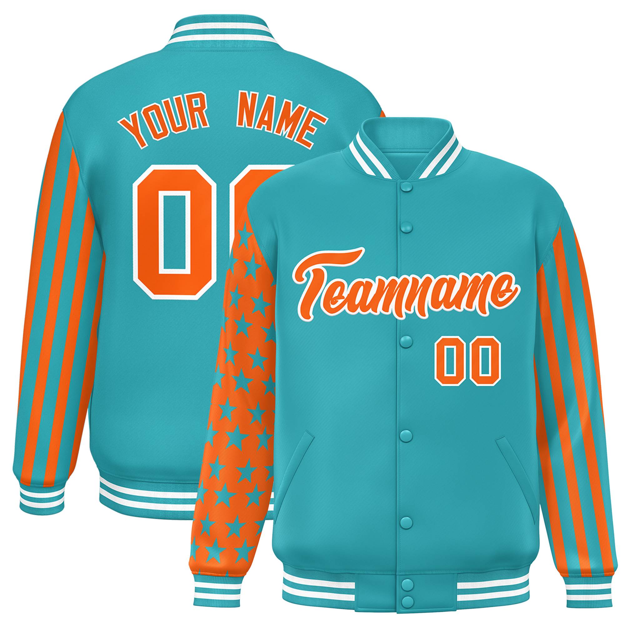 Custom Aqua American Flag Varsity Full-Snap Authentic Raglan Sleeves Letterman Bomber Jacket