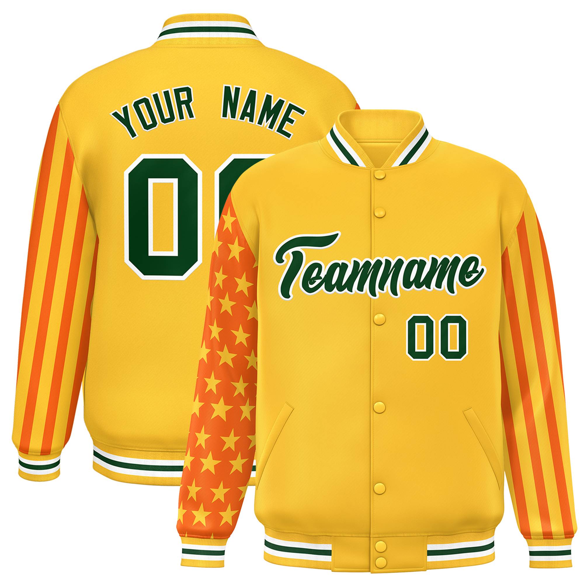 Custom Gold American Flag Varsity Full-Snap Authentic Raglan Sleeves Letterman Bomber Jacket