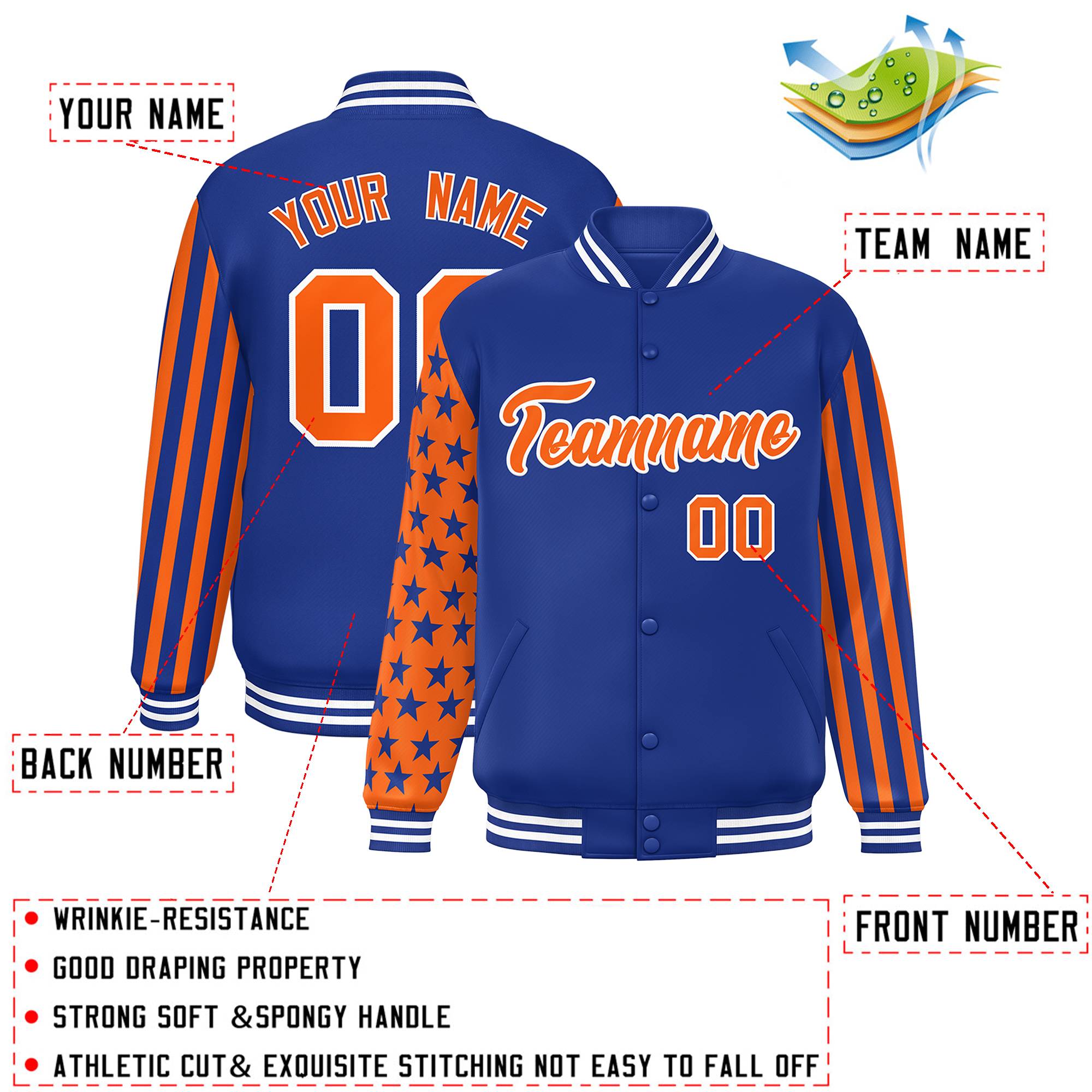 Custom Royal American Flag Varsity Full-Snap Authentic Raglan Sleeves Letterman Bomber Jacket