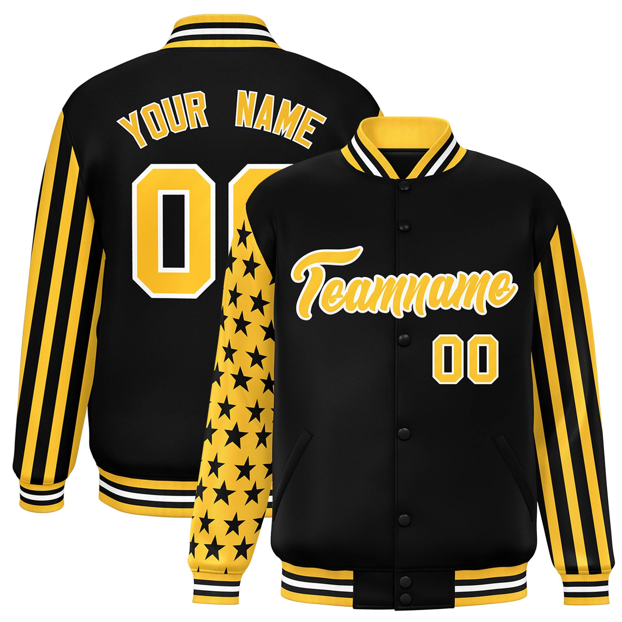 Custom Black American Flag Varsity Full-Snap Authentic Raglan Sleeves Letterman Bomber Jacket