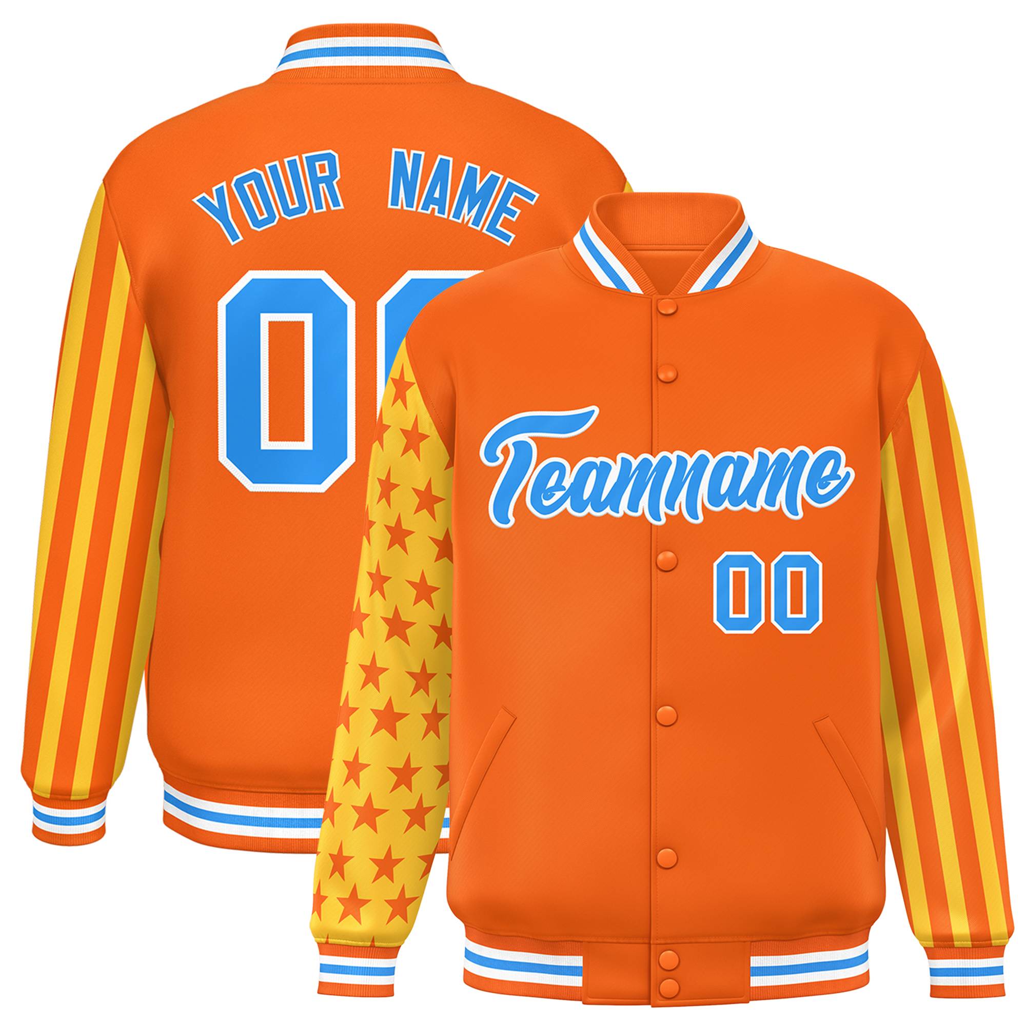 Custom Orange American Flag Varsity Full-Snap Authentic Raglan Sleeves Letterman Bomber Jacket