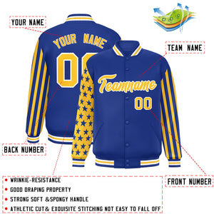 Custom Royal American Flag Varsity Full-Snap Authentic Raglan Sleeves Letterman Bomber Jacket