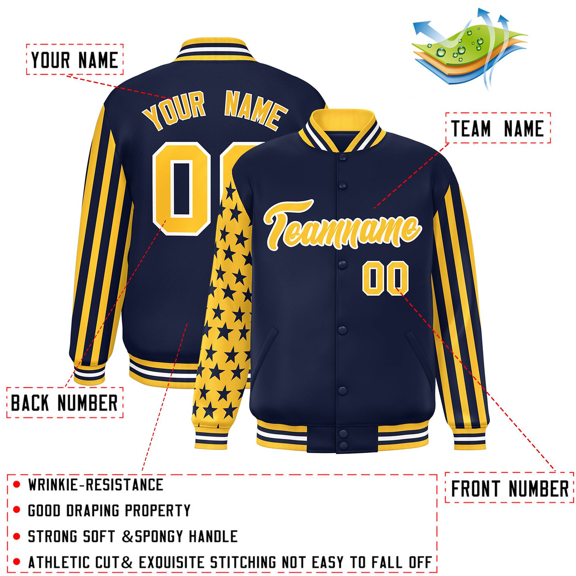 Custom Navy American Flag Varsity Full-Snap Authentic Raglan Sleeves Letterman Bomber Jacket