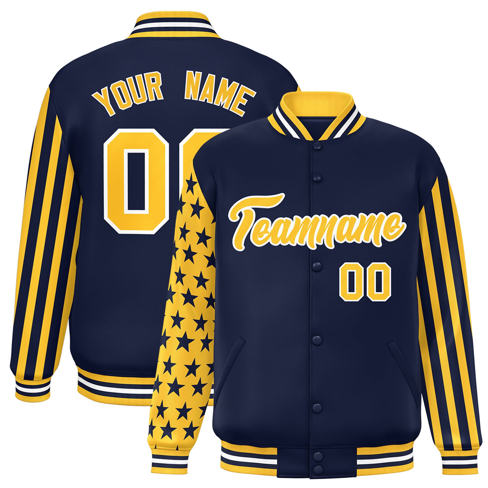 Custom Navy American Flag Varsity Full-Snap Authentic Raglan Sleeves Letterman Bomber Jacket