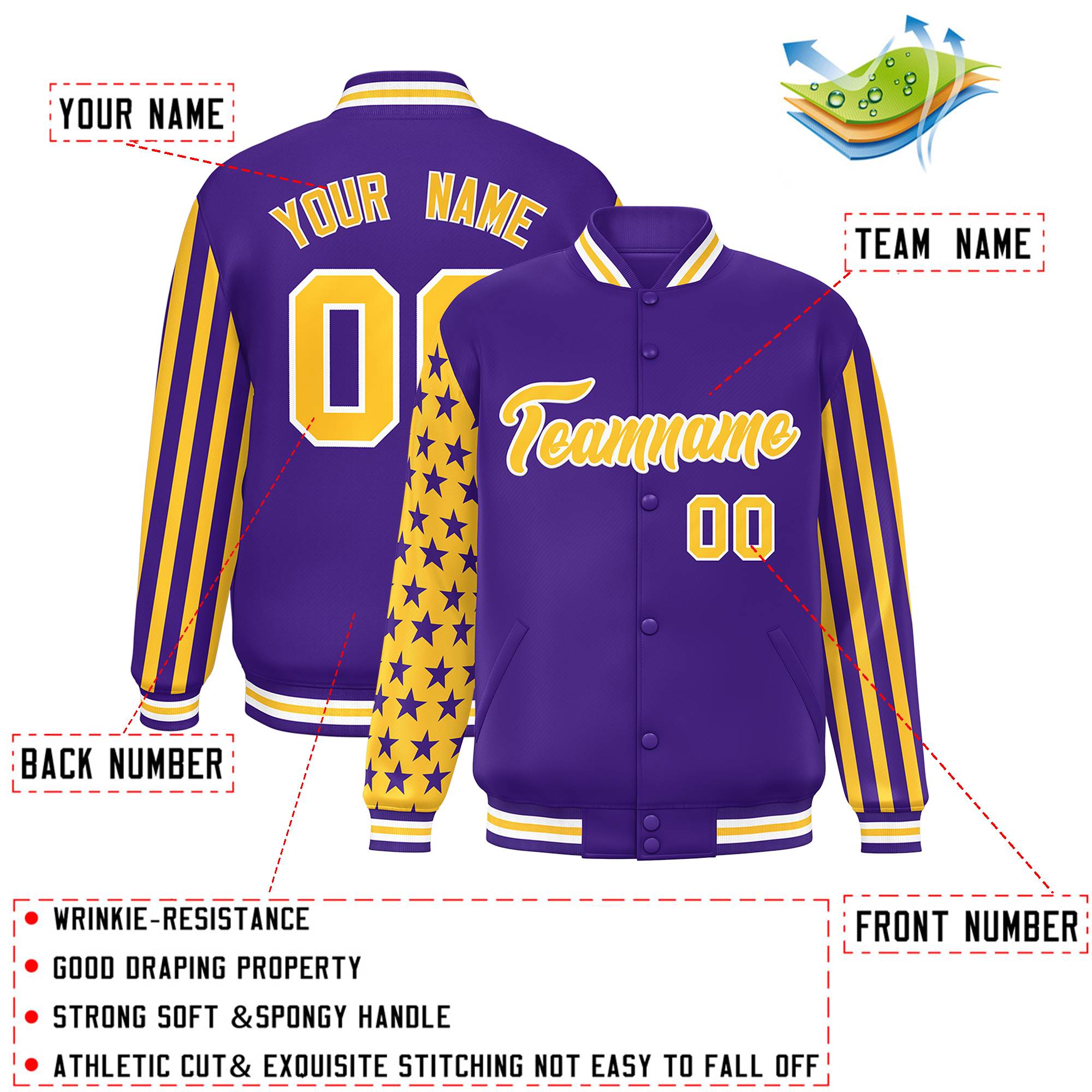 Custom Purple American Flag Varsity Full-Snap Authentic Raglan Sleeves Letterman Bomber Jacket