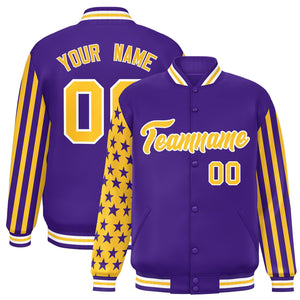 Custom Purple American Flag Varsity Full-Snap Authentic Raglan Sleeves Letterman Bomber Jacket