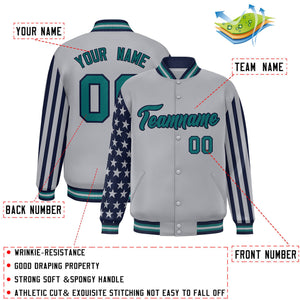 Custom Gray American Flag Varsity Full-Snap Authentic Raglan Sleeves Letterman Bomber Jacket