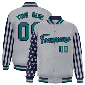 Custom Gray American Flag Varsity Full-Snap Authentic Raglan Sleeves Letterman Bomber Jacket