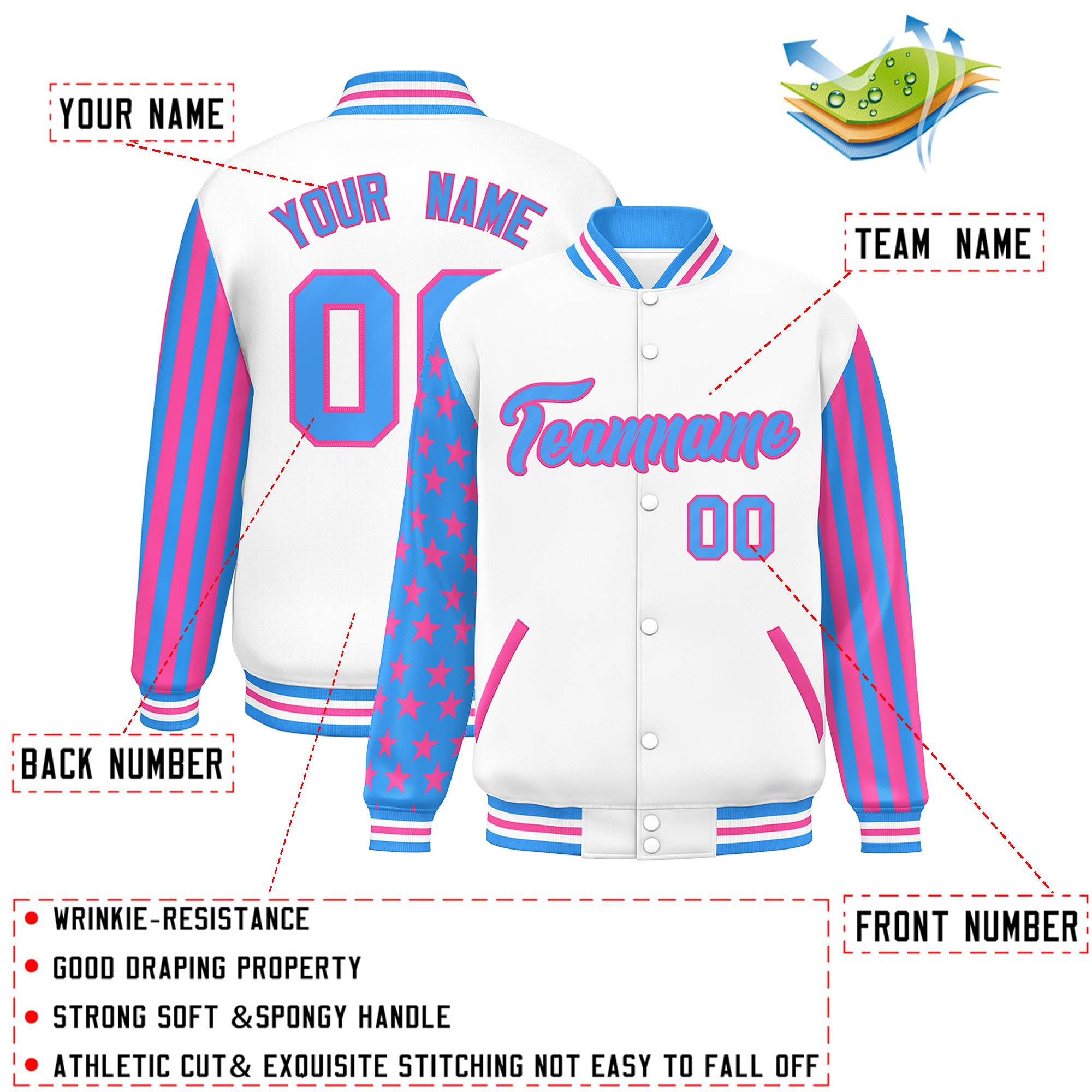 Custom White Powder Blue American Flag Varsity Full-Snap Authentic Raglan Sleeves Letterman Bomber Jacket