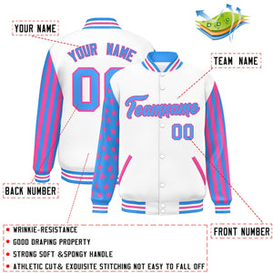 Custom White Powder Blue American Flag Varsity Full-Snap Authentic Raglan Sleeves Letterman Bomber Jacket